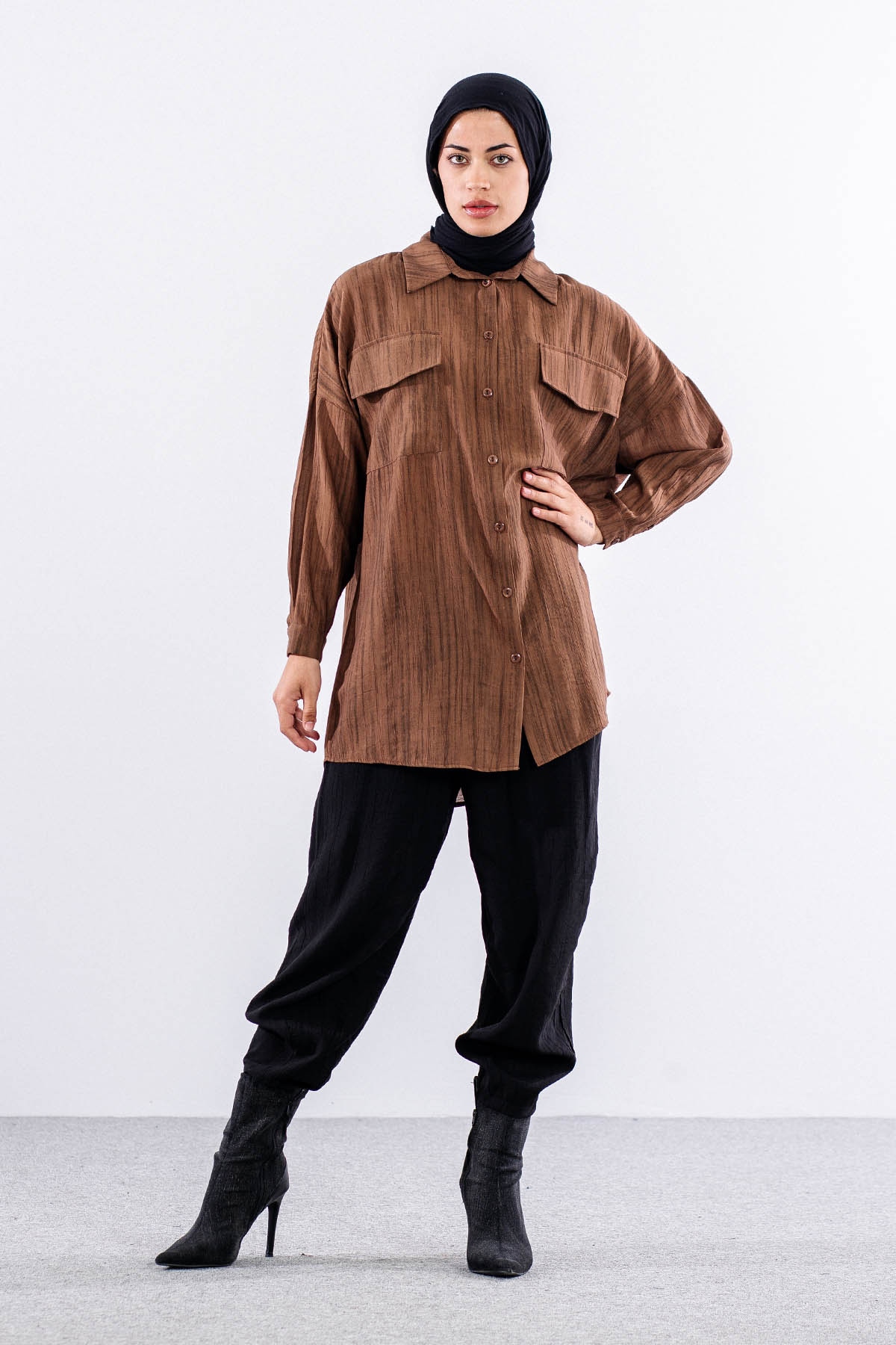 5004 Gömlek 42-44-46 Cep Detay - Kahve - 1