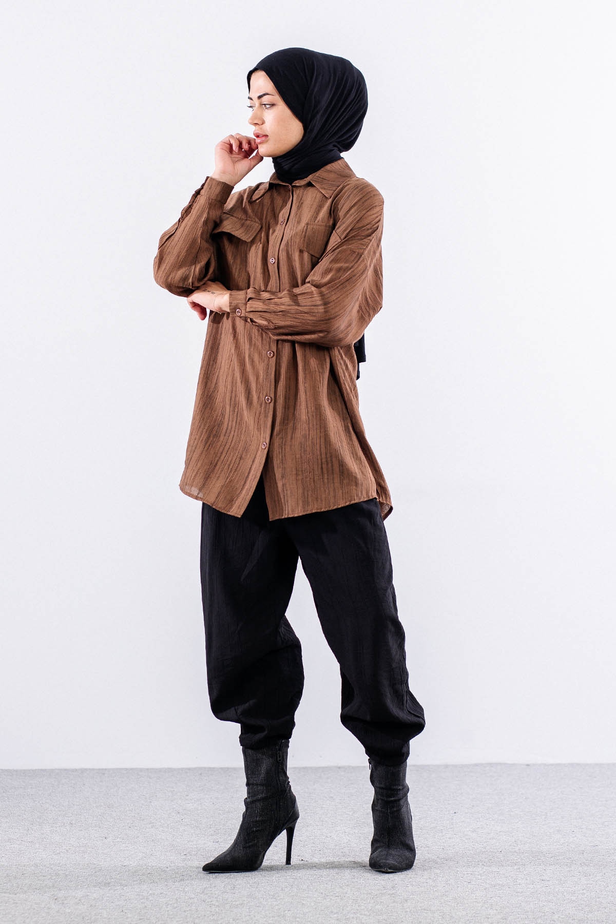 5004 Gömlek 42-44-46 Cep Detay - Kahve - 3