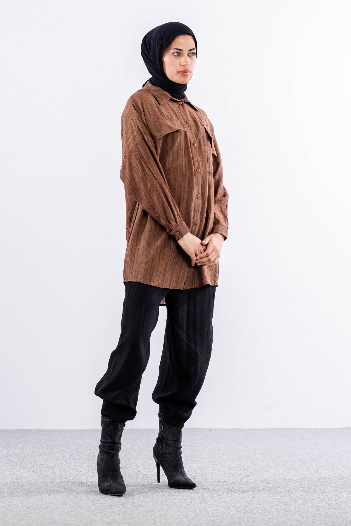 5004 Gömlek 42-44-46 Cep Detay - Kahve - 4