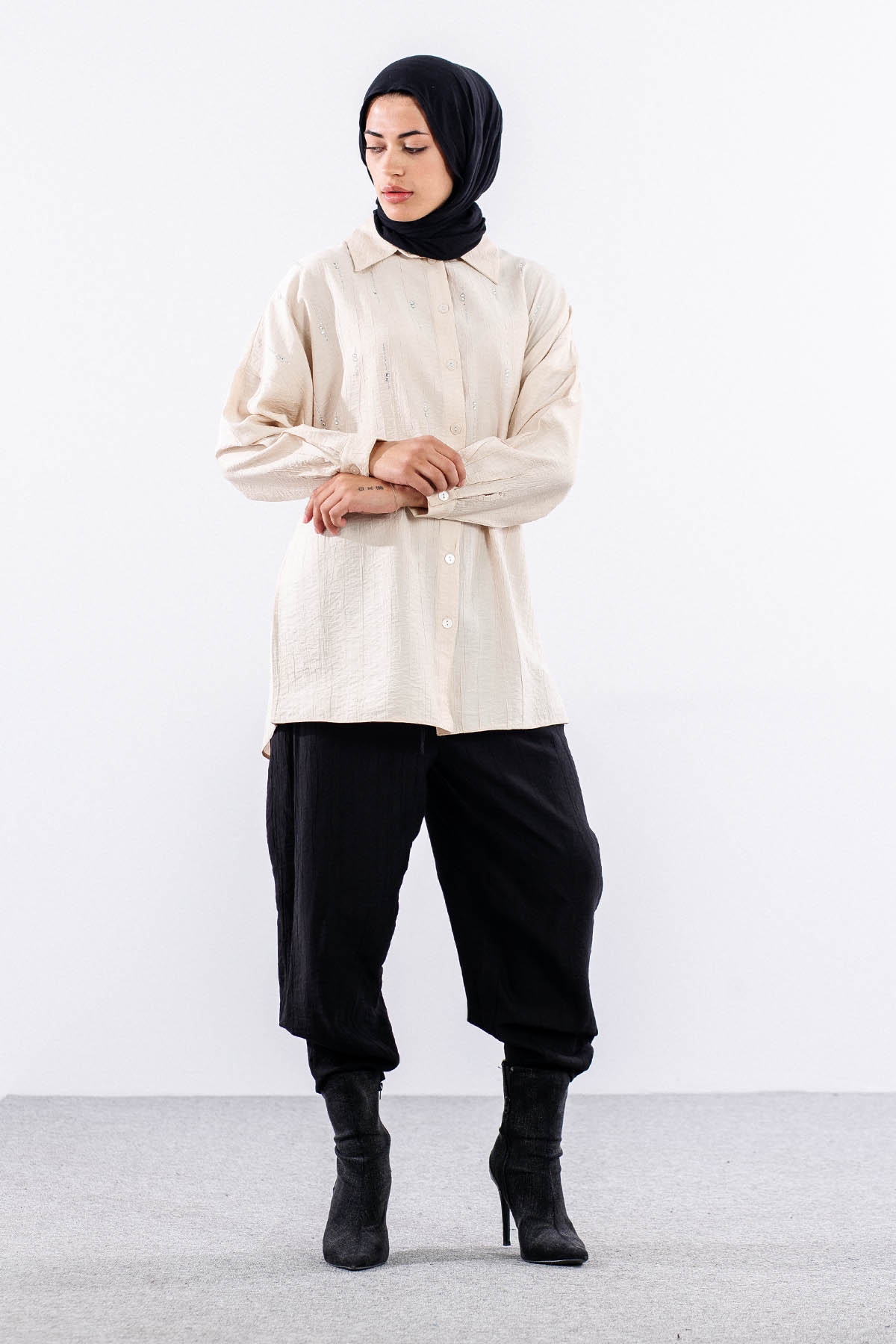 5005 Tunik 42-44-46 Taslı Detaylı - Bej - 3