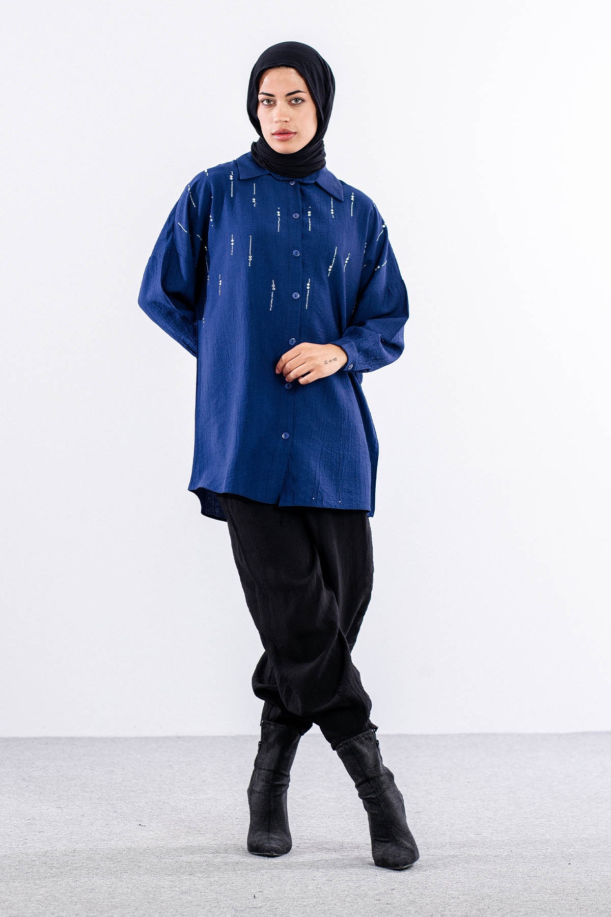 5005 Tunik 42-44-46 Taslı Detaylı - Indigo - 1