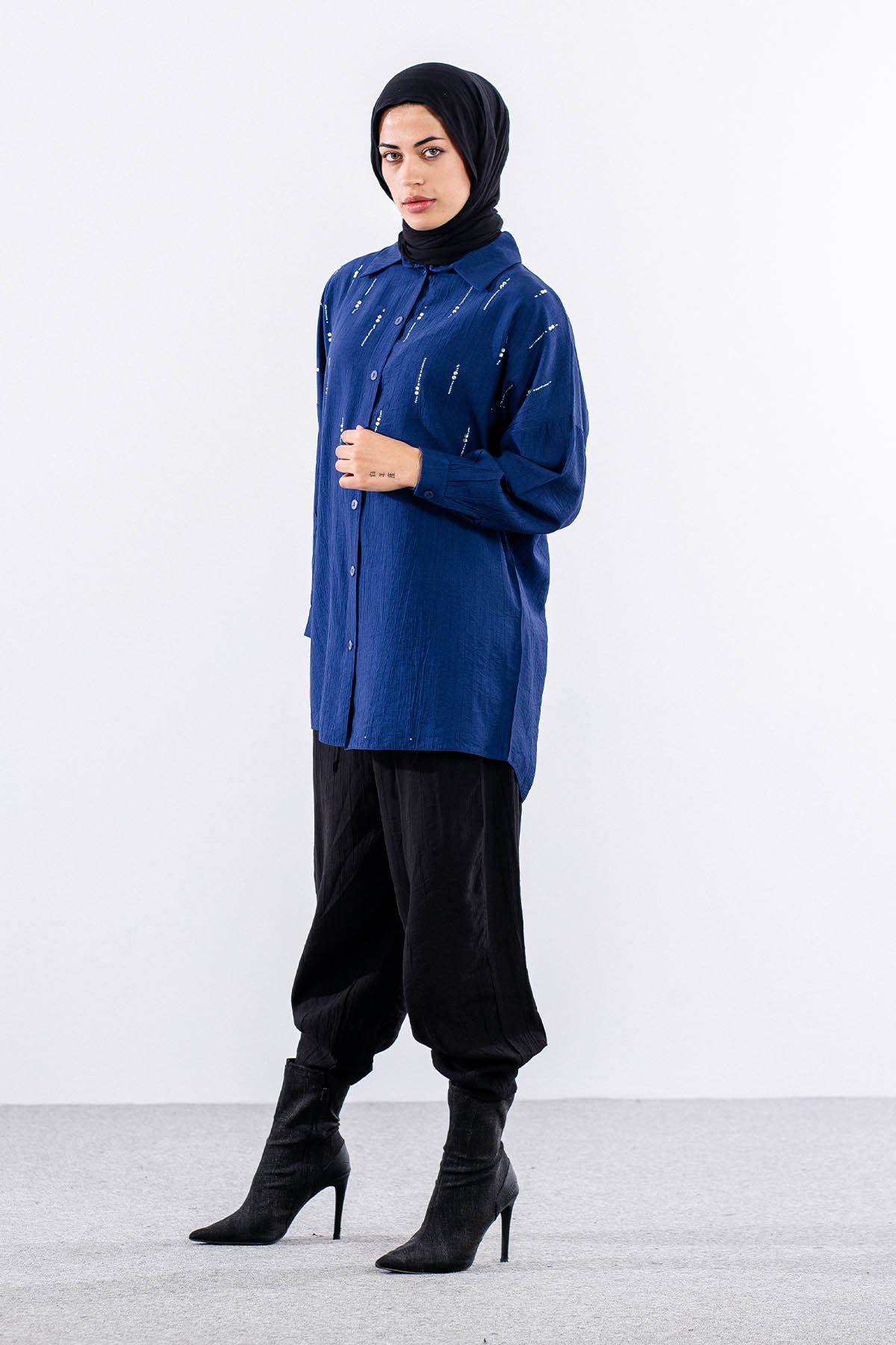 5005 Tunik 42-44-46 Taslı Detaylı - Indigo - 2