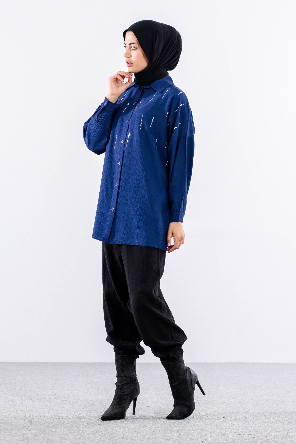 5005 Tunik 42-44-46 Taslı Detaylı - Indigo - 3