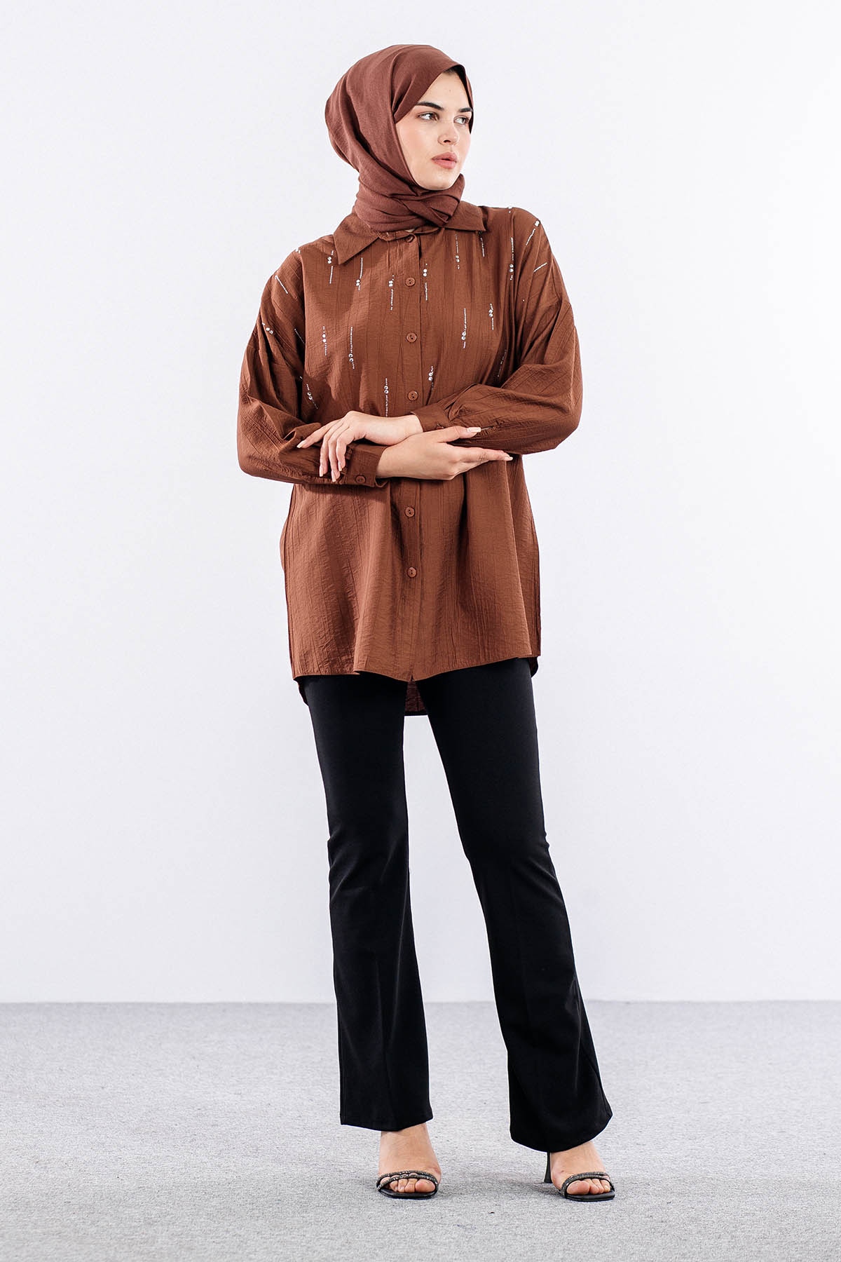 5005 Tunik 42-44-46 Taslı Detaylı - Kahve - 1