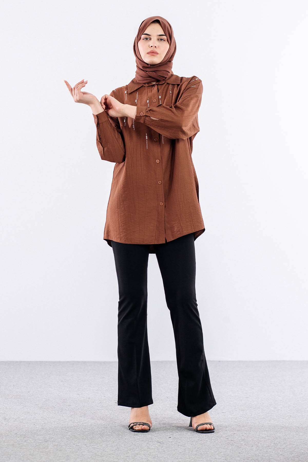 5005 Tunik 42-44-46 Taslı Detaylı - Kahve - 2