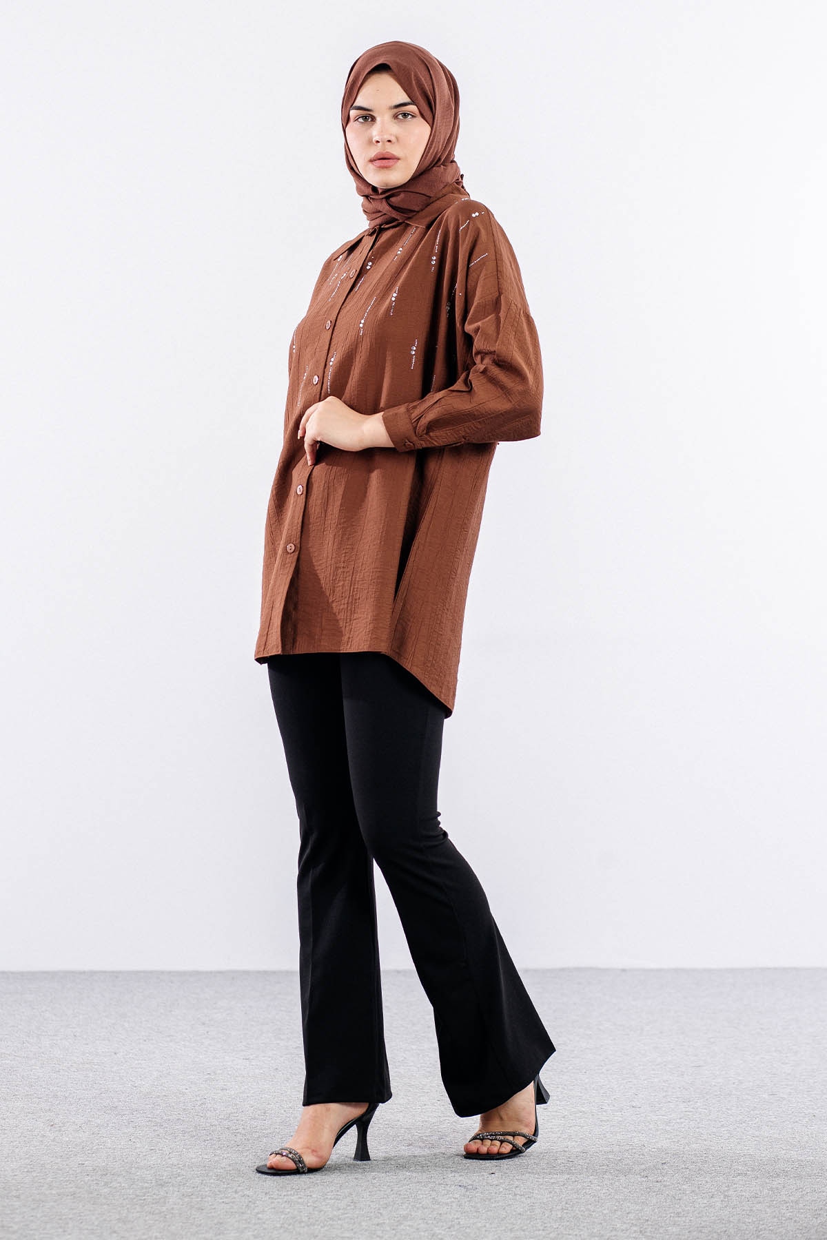 5005 Tunik 42-44-46 Taslı Detaylı - Kahve - 3
