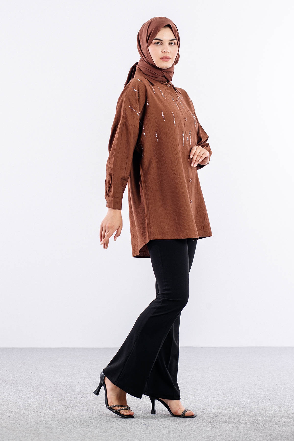 5005 Tunik 42-44-46 Taslı Detaylı - Kahve - 4