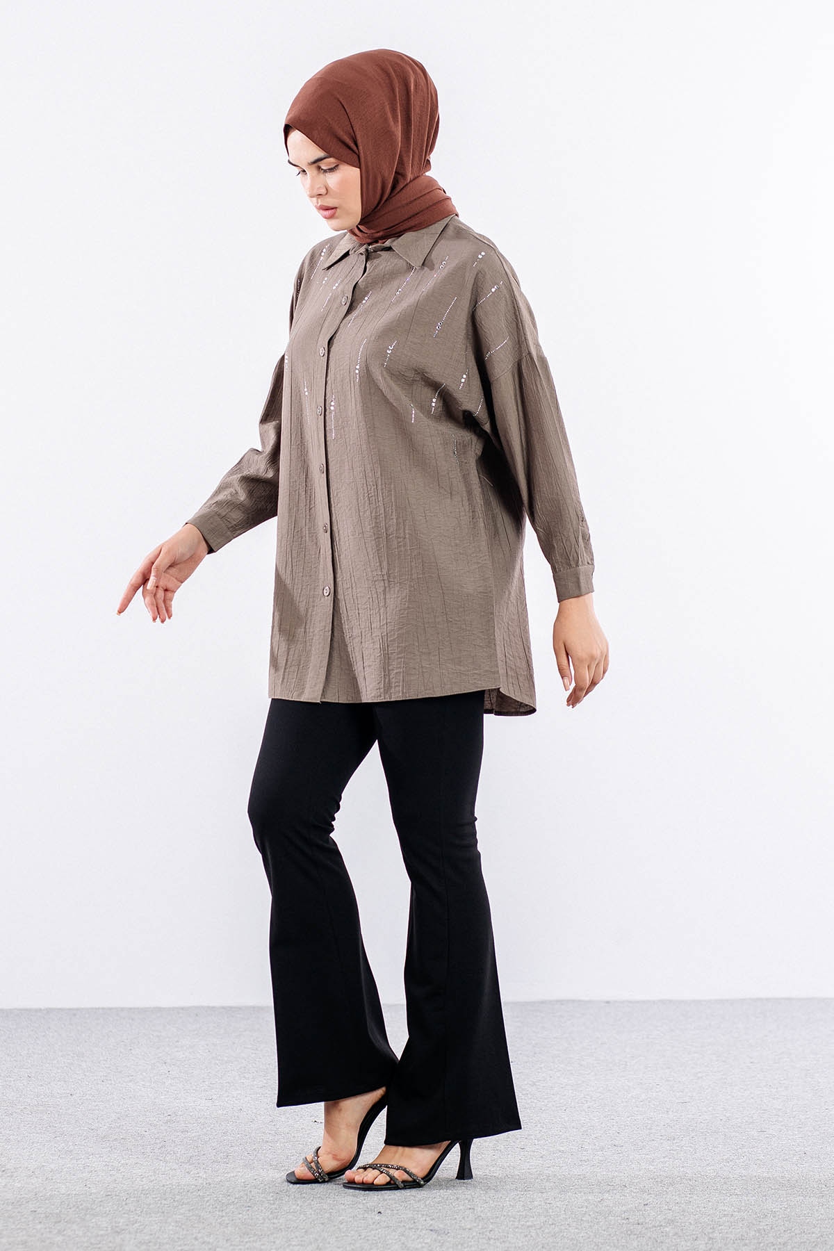 5005 Tunik 42-44-46 Taslı Detaylı - Vizon - 3