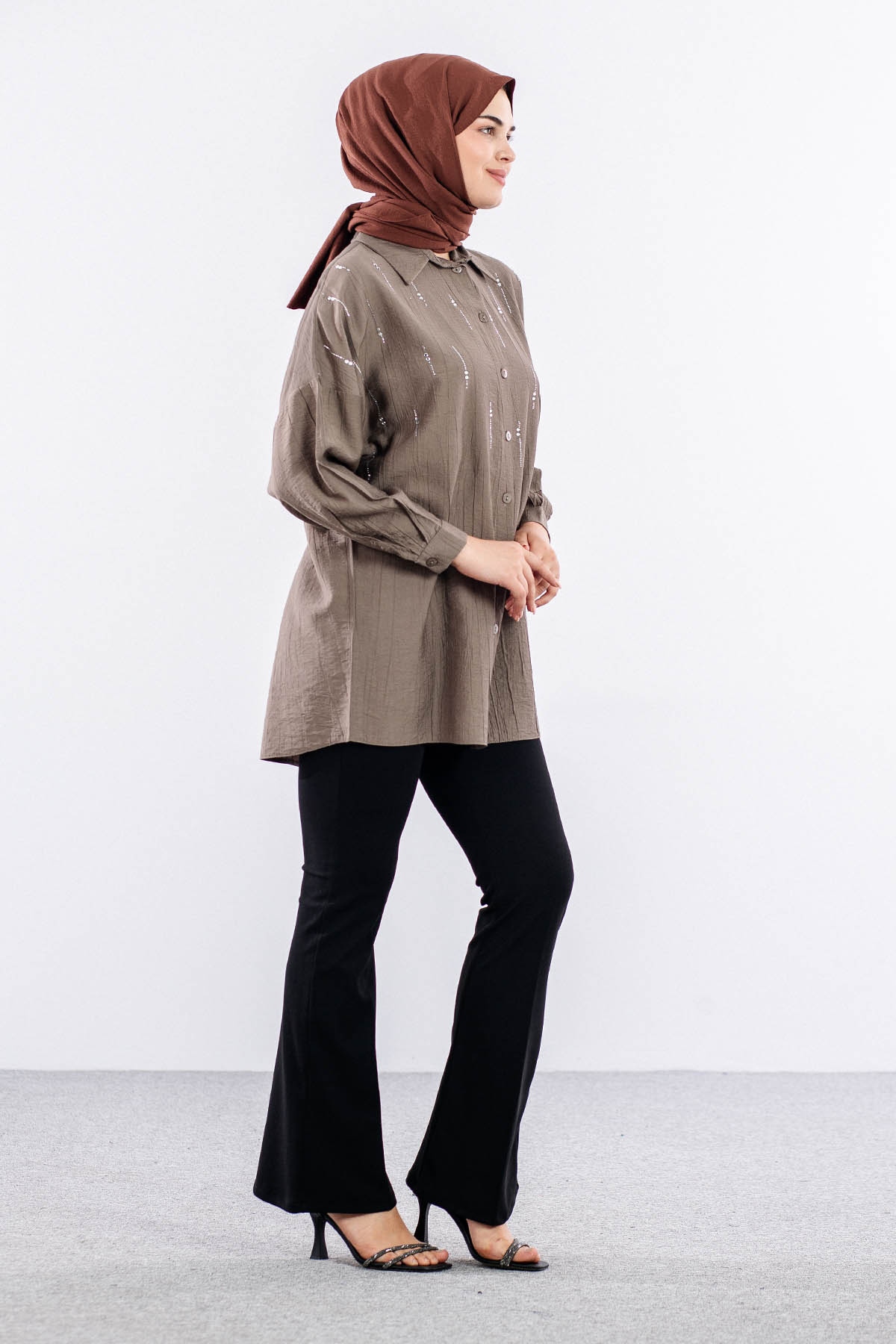 5005 Tunik 42-44-46 Taslı Detaylı - Vizon - 4