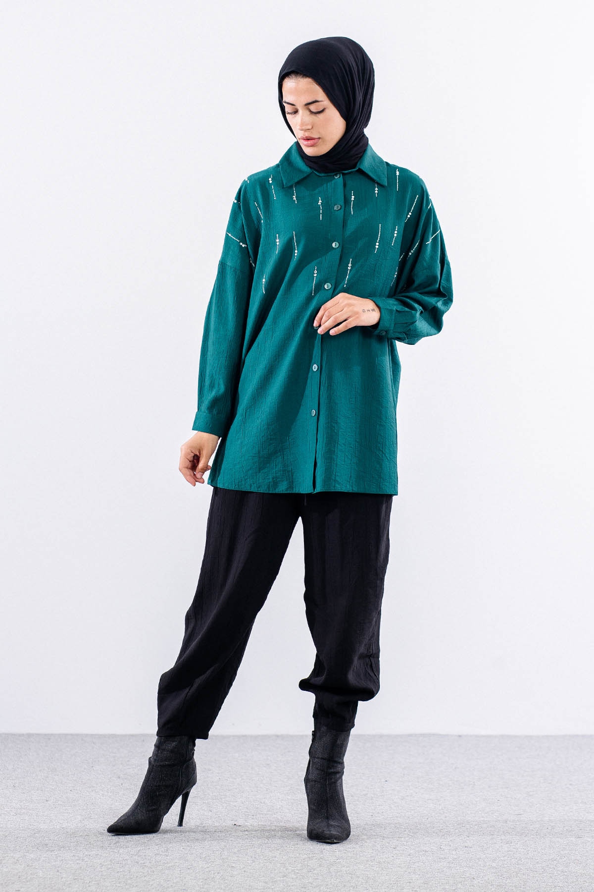 5005 Tunik 42-44-46 Taslı Detaylı - Zumrut - 1