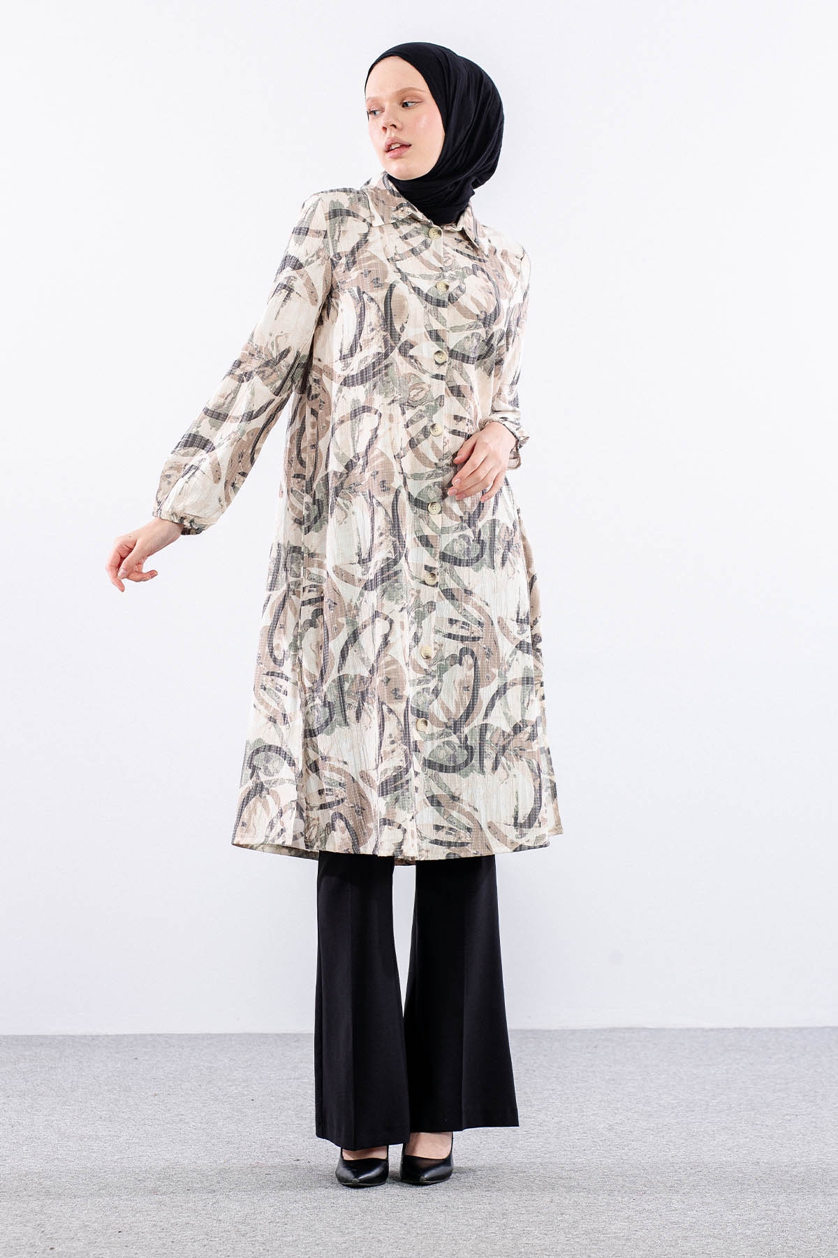 5007 Tunik 42-50 Desenlı Araboy - Bej - 2