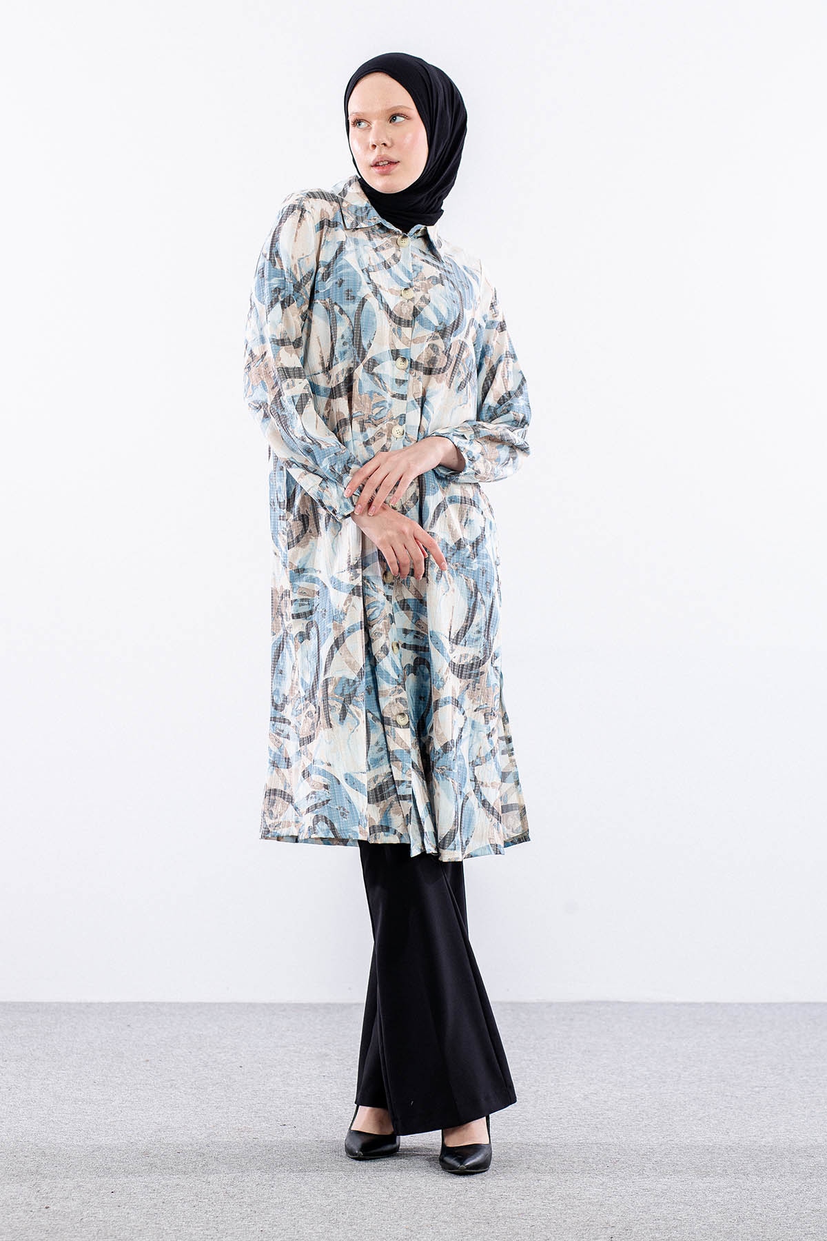 5007 Tunik 42-50 Desenlı Araboy - Mavi - 1