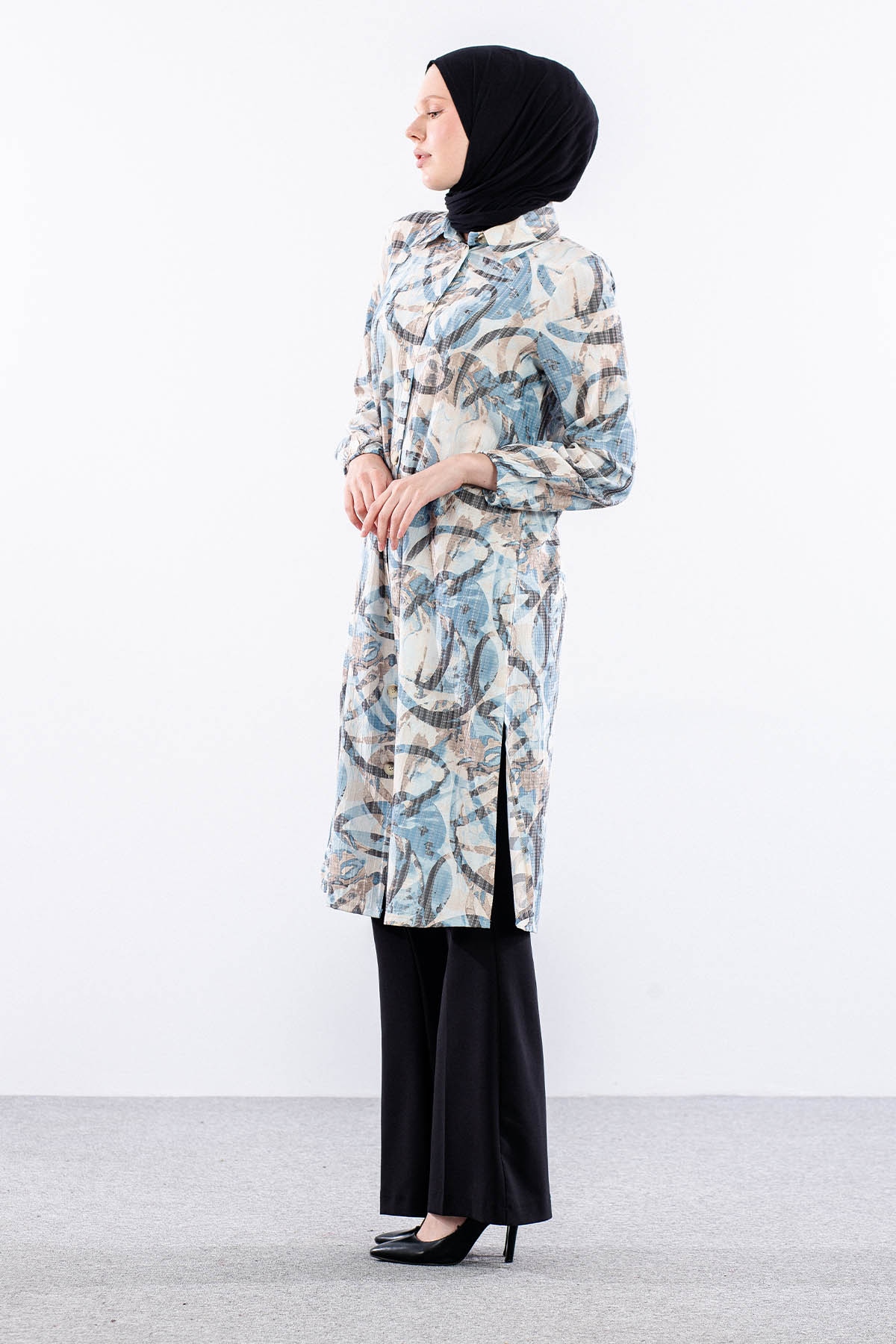 5007 Tunik 42-50 Desenlı Araboy - Mavi - 3