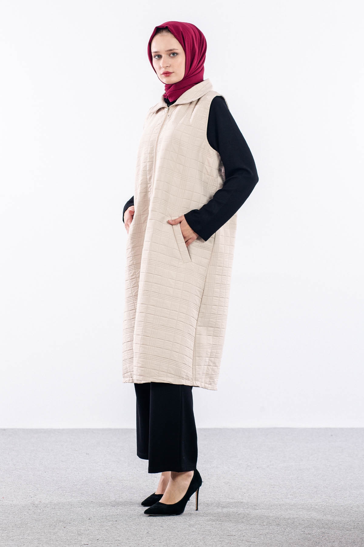 5016 Kapitone Yelek 42-48 - Bej - 1