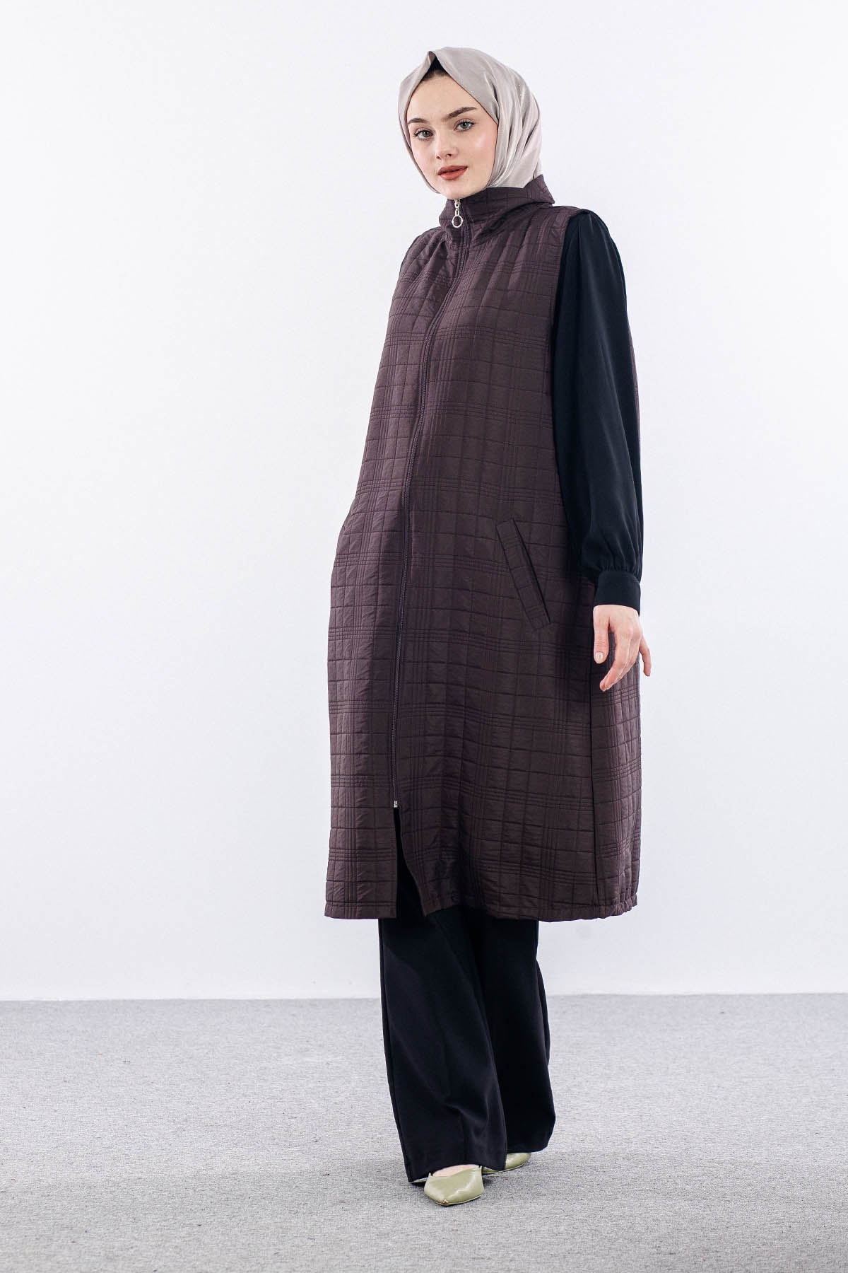 5016 Kapitone Yelek 42-48 - Kahve - 3