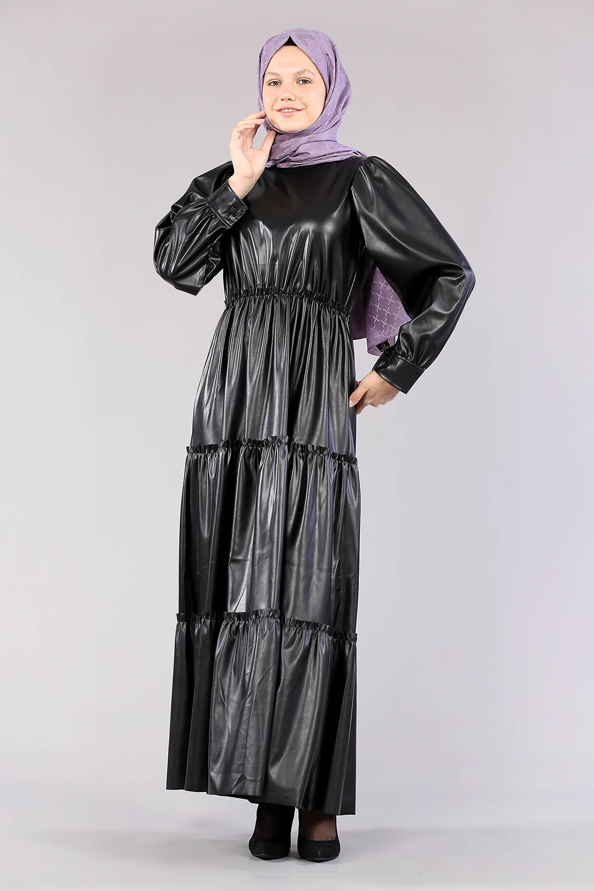 5055 Deri Katli Elbise 38-44 - Siyah - 1