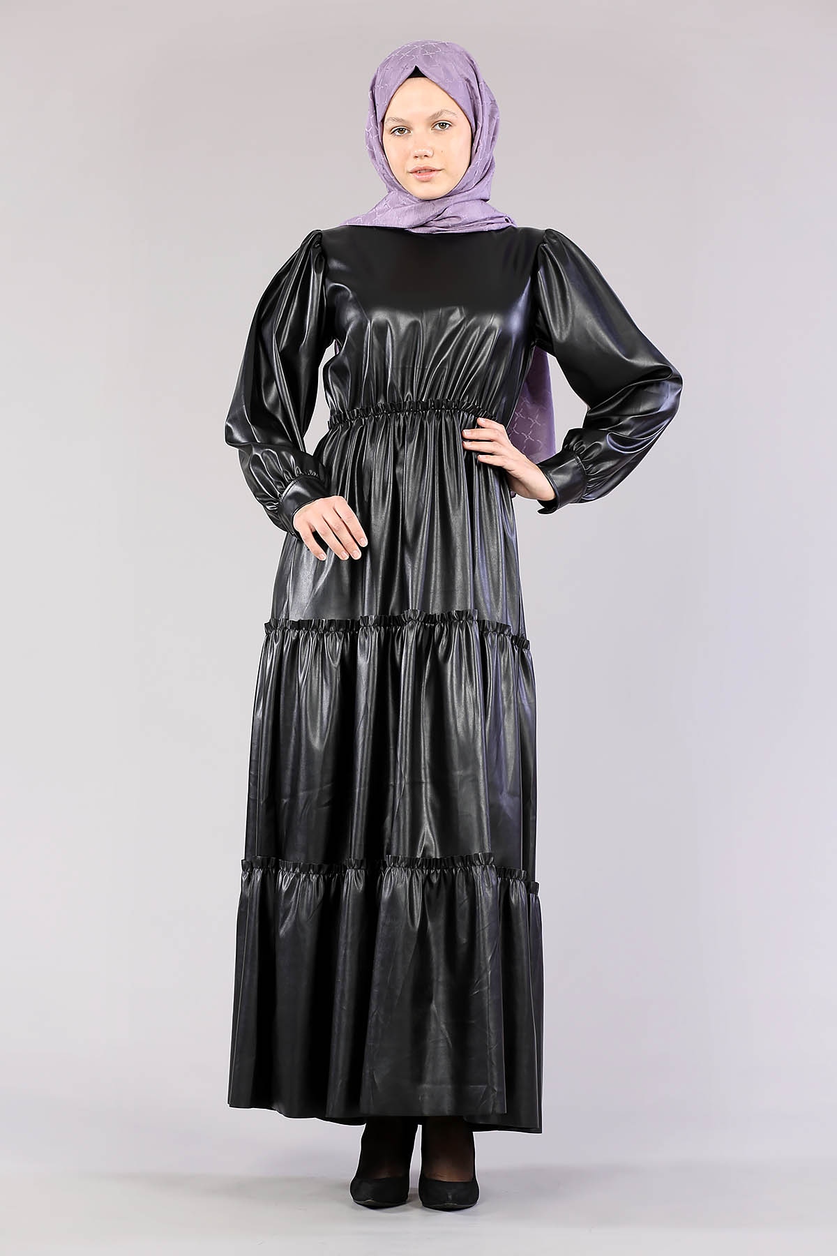 5055 Deri Katli Elbise 38-44 - Siyah - 2