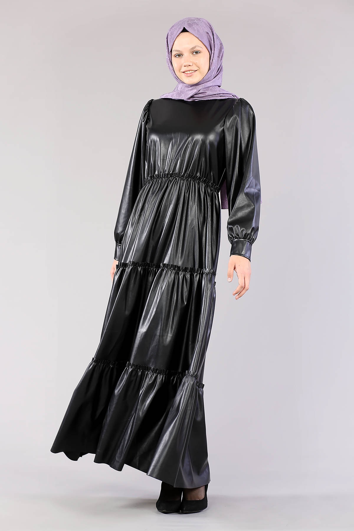 5055 Deri Katli Elbise 38-44 - Siyah - 3