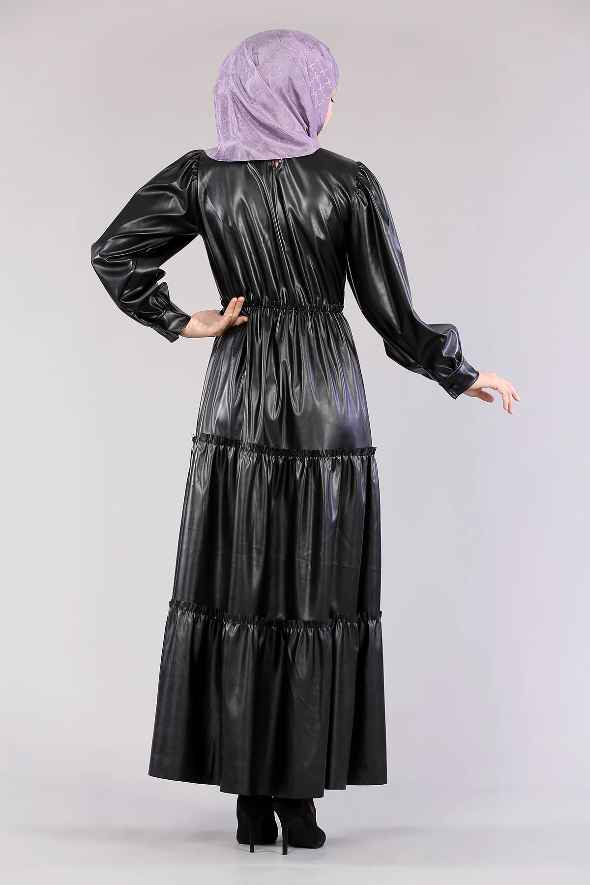 5055 Deri Katli Elbise 38-44 - Siyah - 4