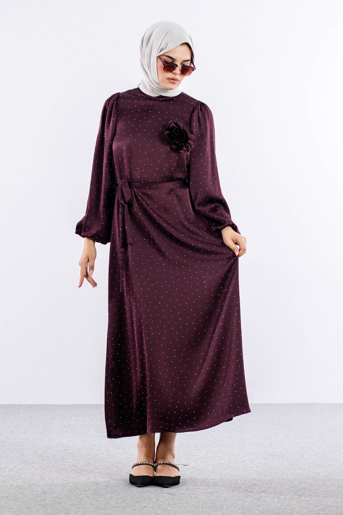 5099 Taşli Elbise 1-2 - Bordo - 1