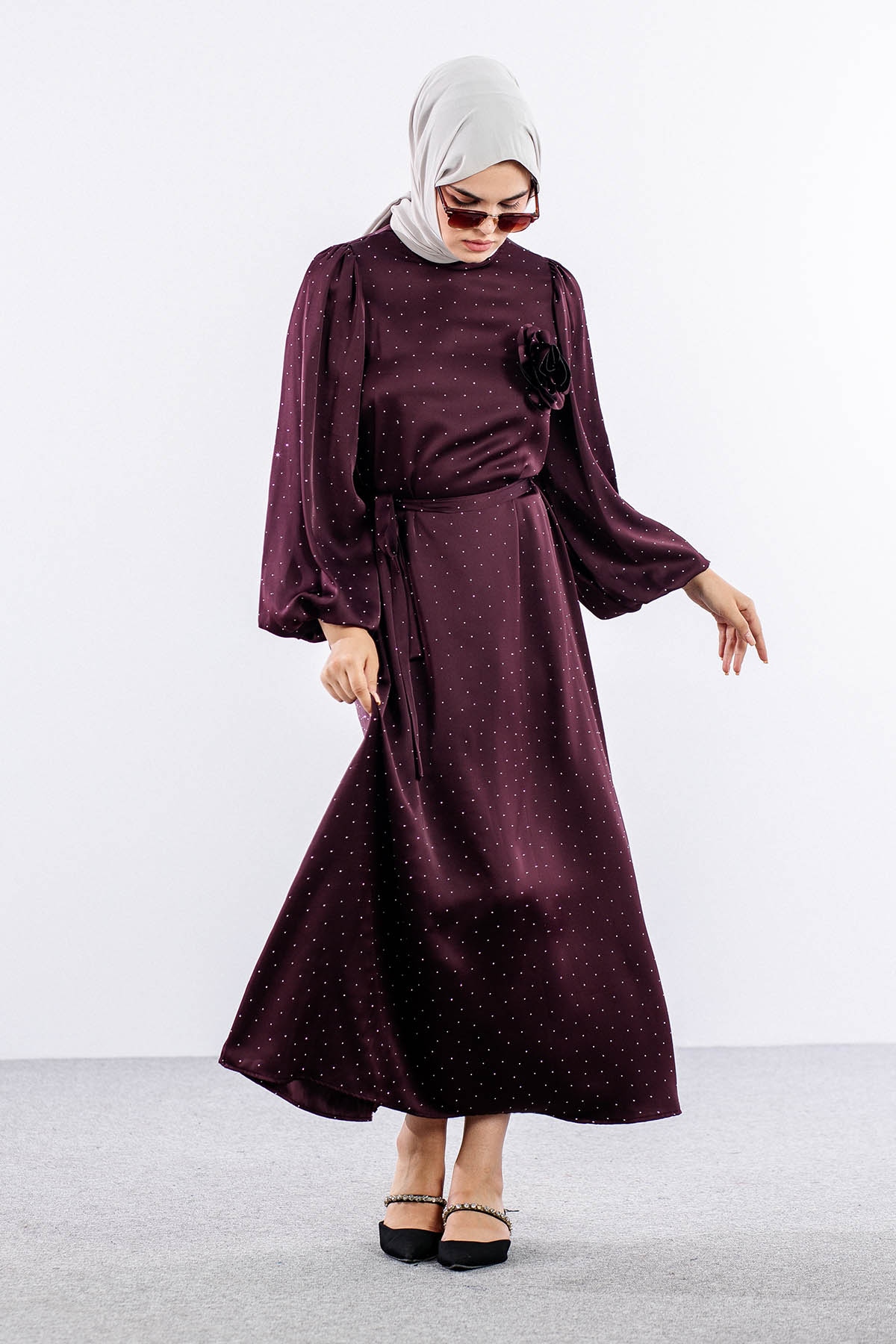 5099 Taşli Elbise 1-2 - Bordo - 2