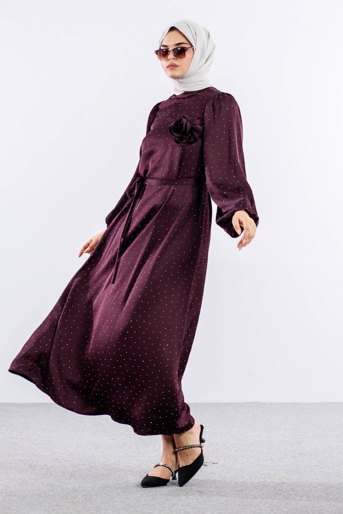 5099 Taşli Elbise 1-2 - Bordo - 3