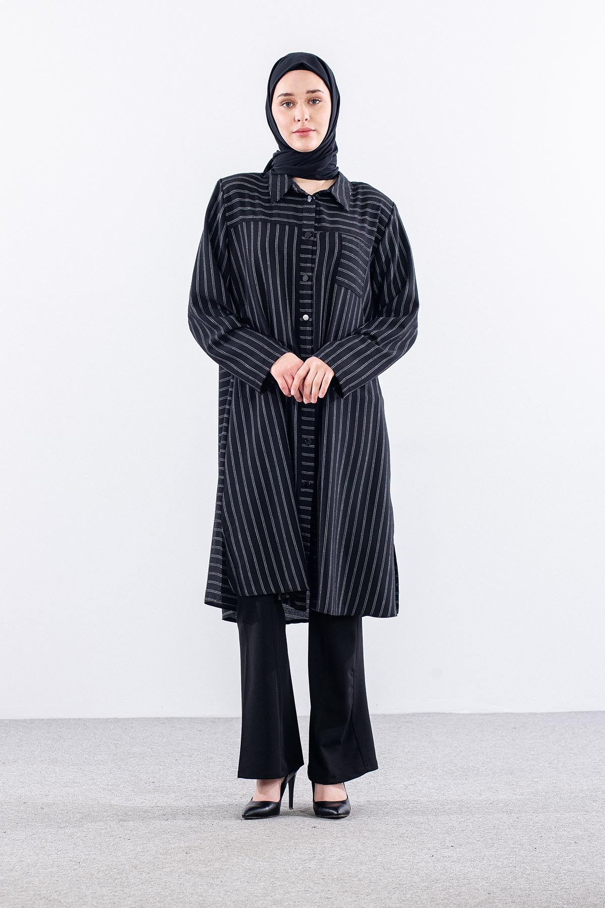 5311 Tunik 46-52 Kendinden Cizgi Desen - Siyah - 1