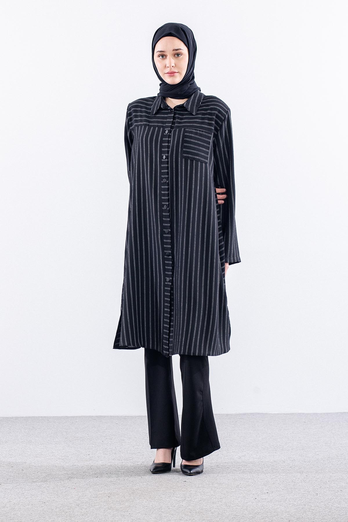 5311 Tunik 46-52 Kendinden Cizgi Desen - Siyah - 2