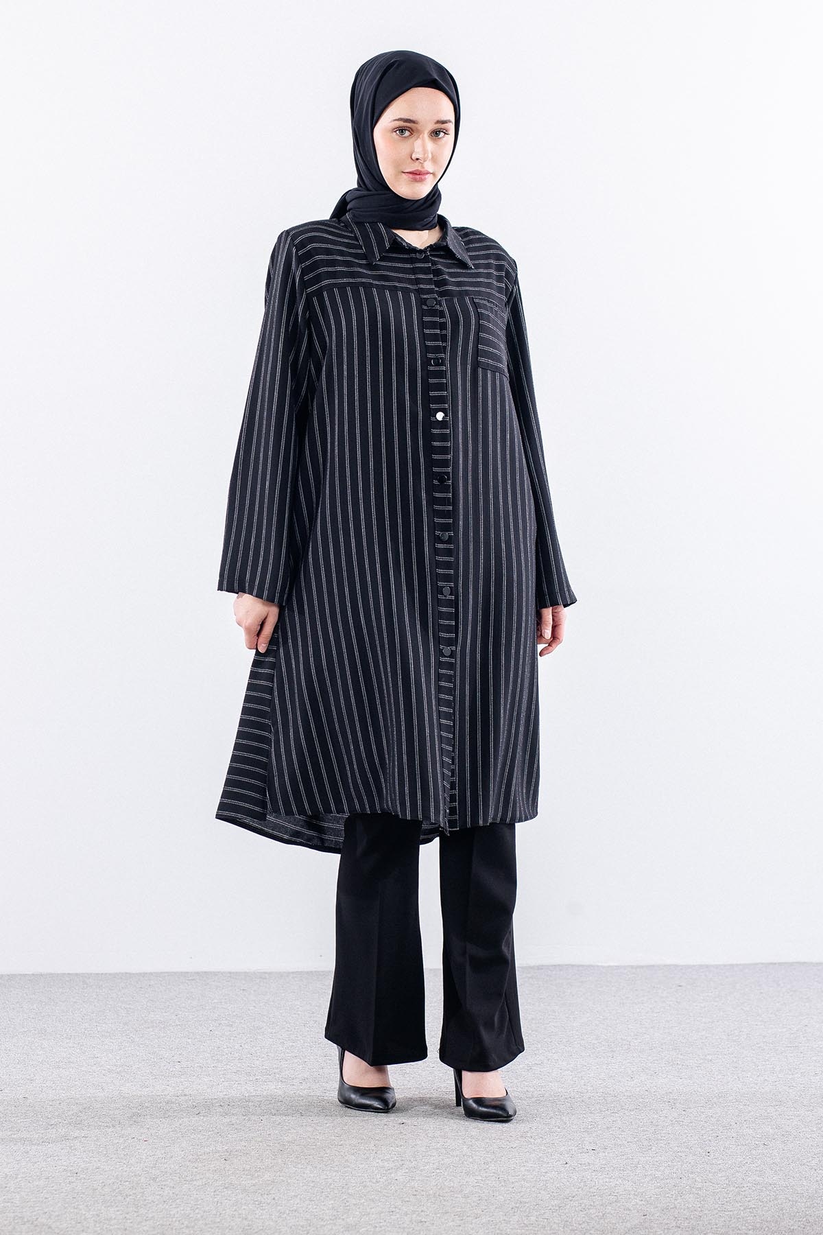 5311 Tunik 46-52 Kendinden Cizgi Desen - Siyah - 3