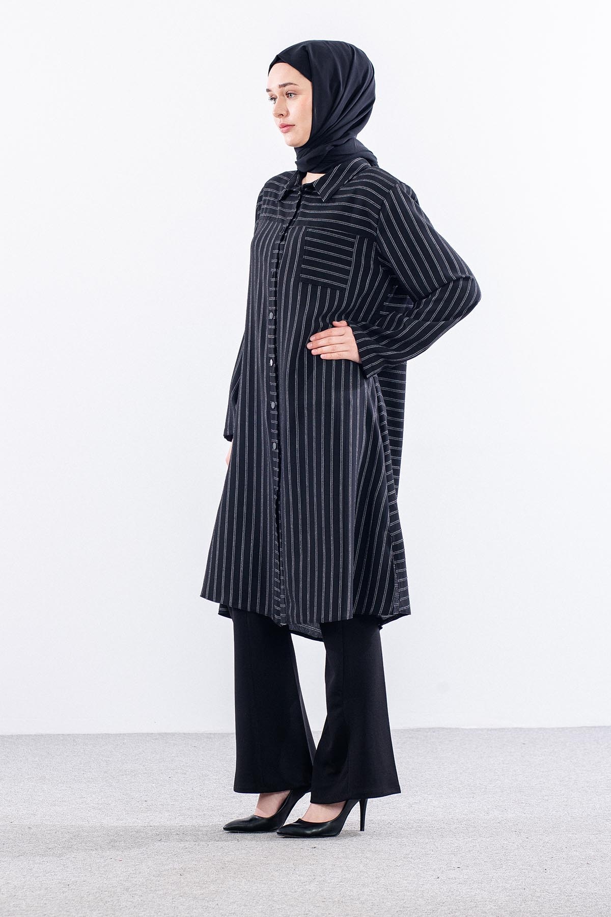 5311 Tunik 46-52 Kendinden Cizgi Desen - Siyah - 4