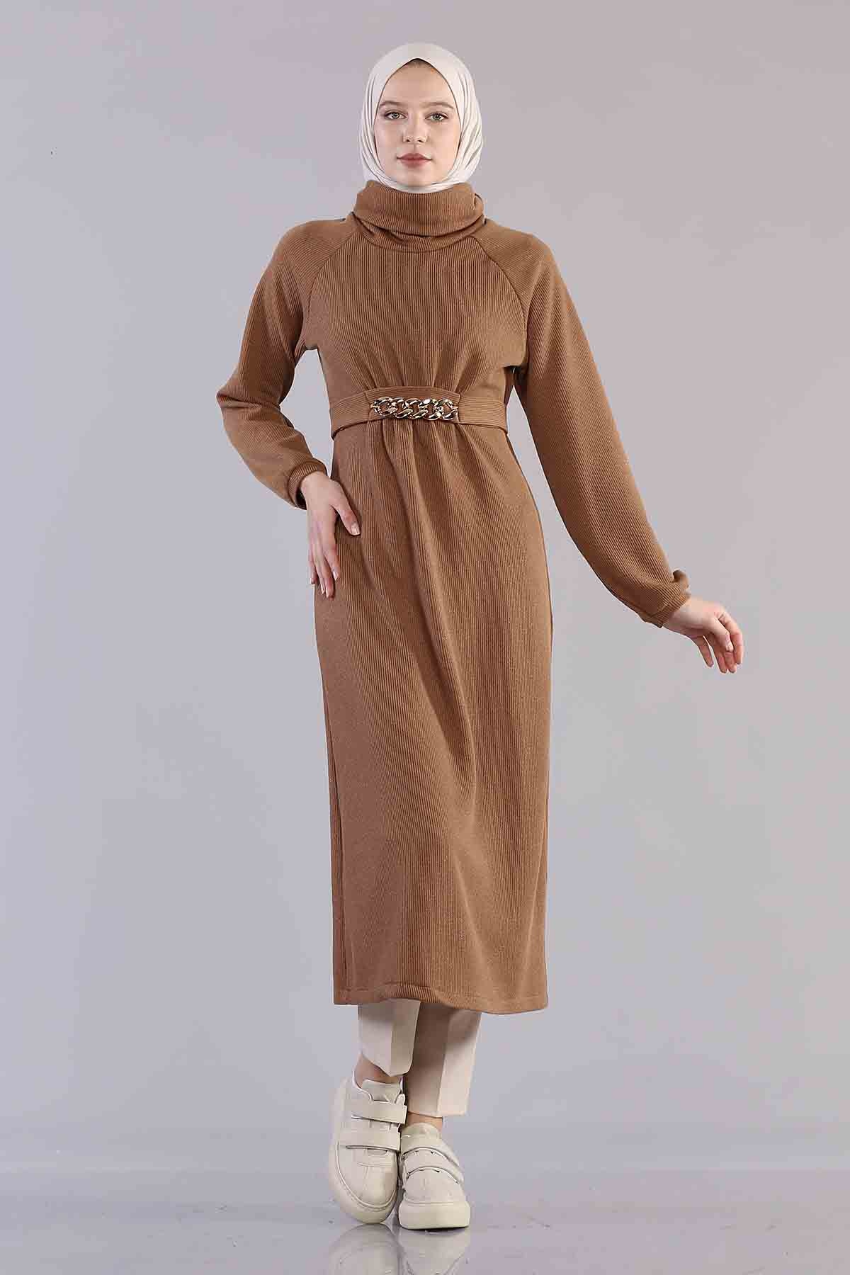5374 Beli Zincir Elbise 38-42 - Camel - 1
