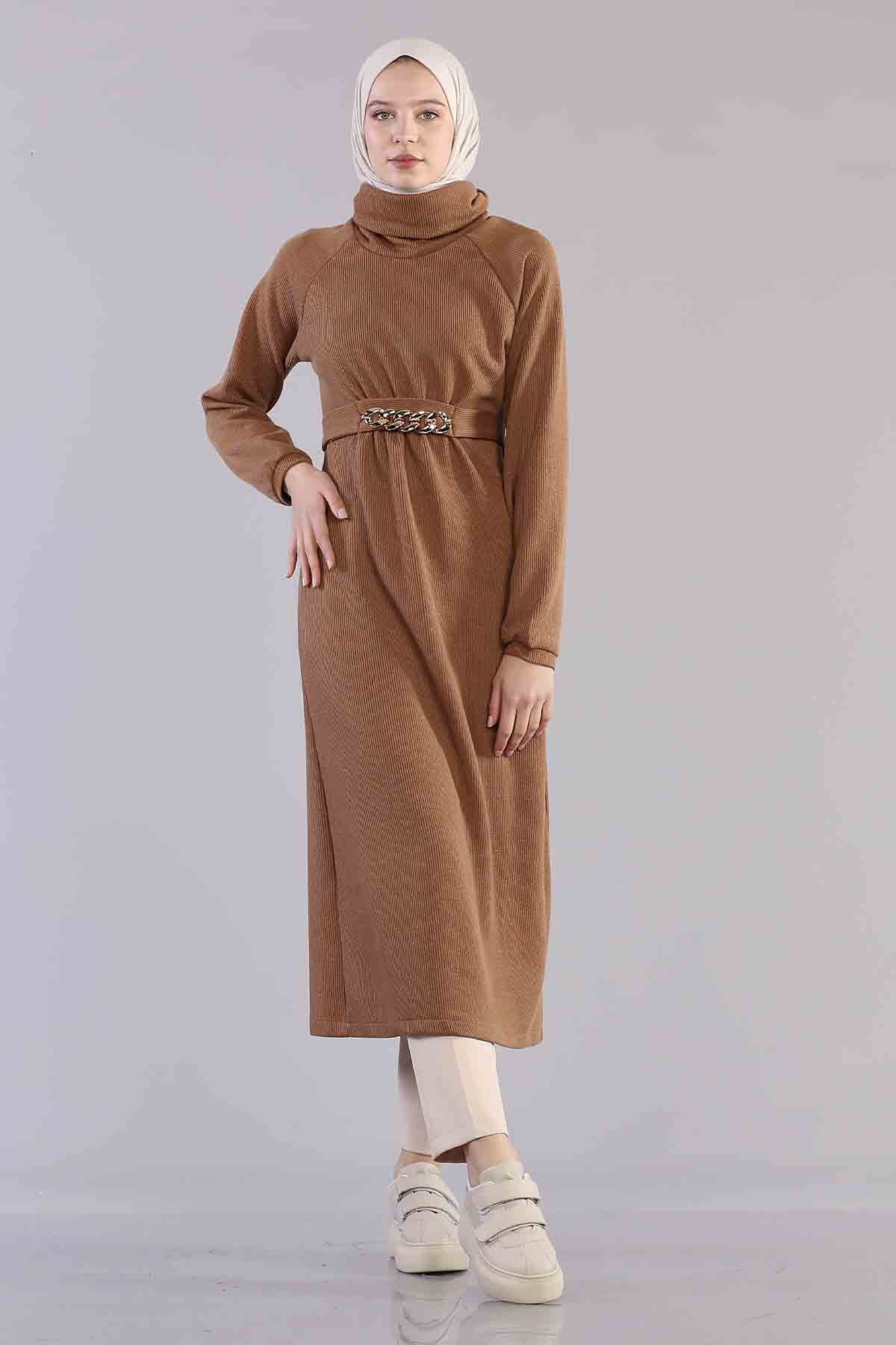 5374 Beli Zincir Elbise 38-42 - Camel - 2