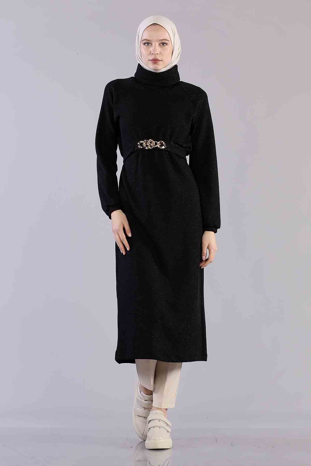 5374 Beli Zincir Elbise 38-42 - Siyah - 1