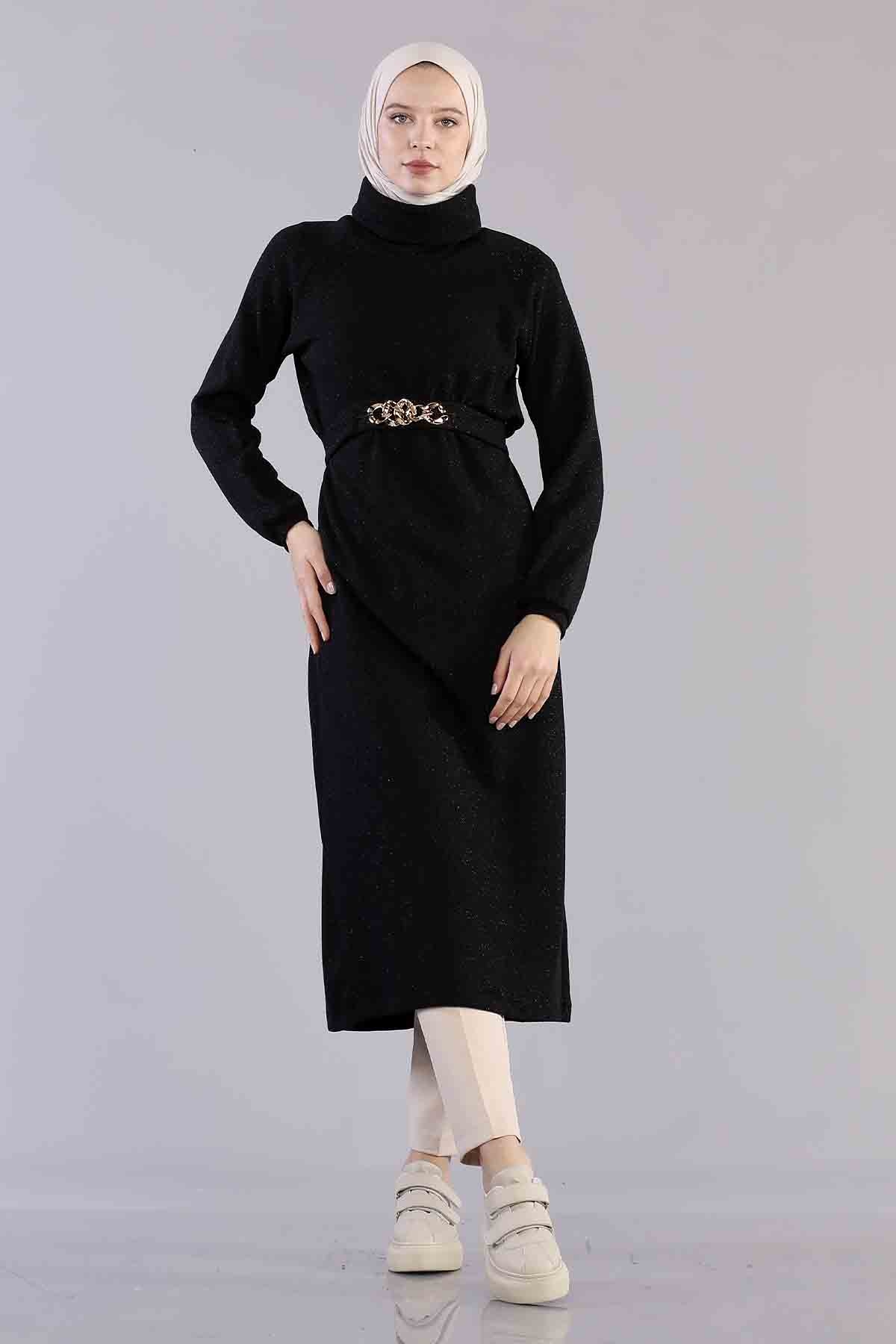 5374 Beli Zincir Elbise 38-42 - Siyah - 2