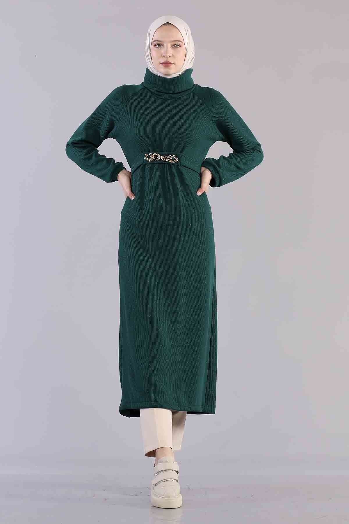 5374 Beli Zincir Elbise 38-42 - Zumrut - 1