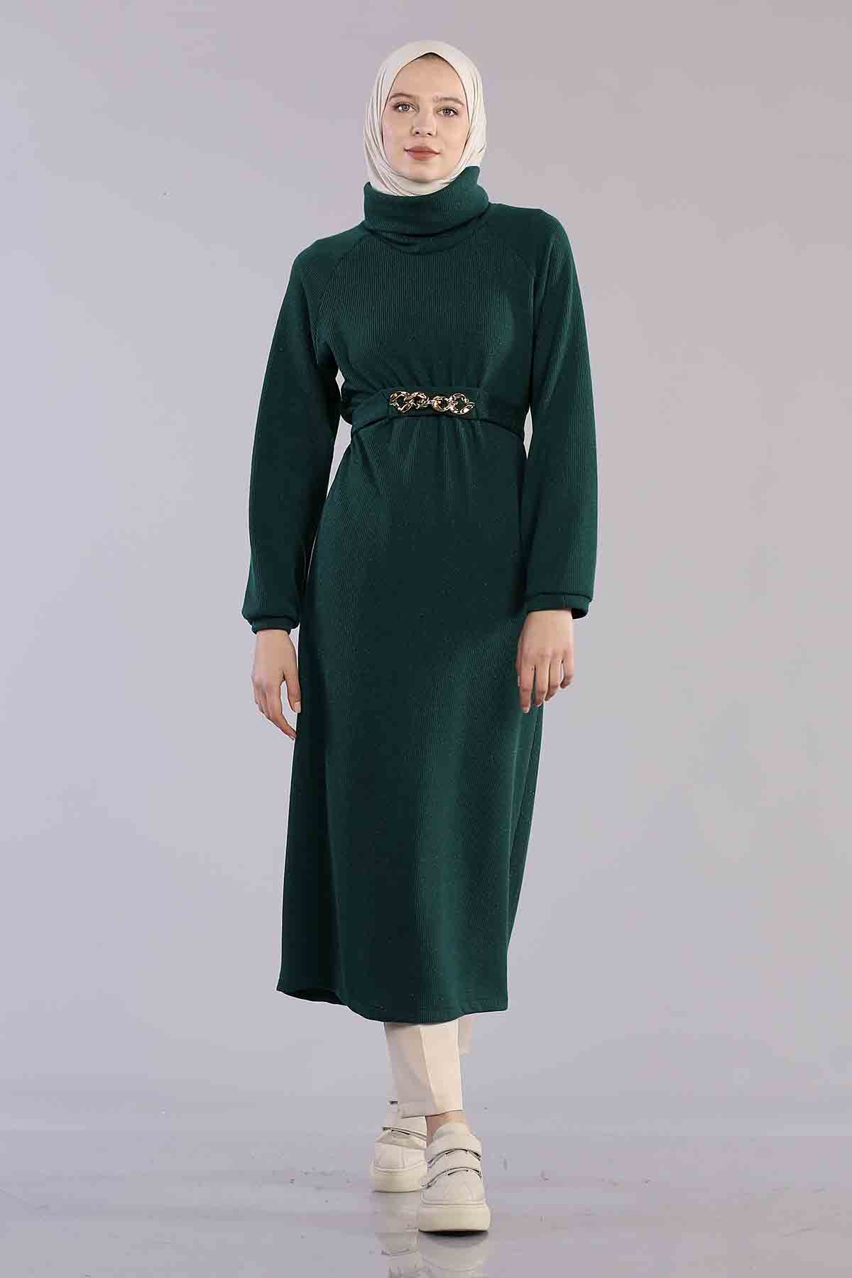 5374 Beli Zincir Elbise 38-42 - Zumrut - 3