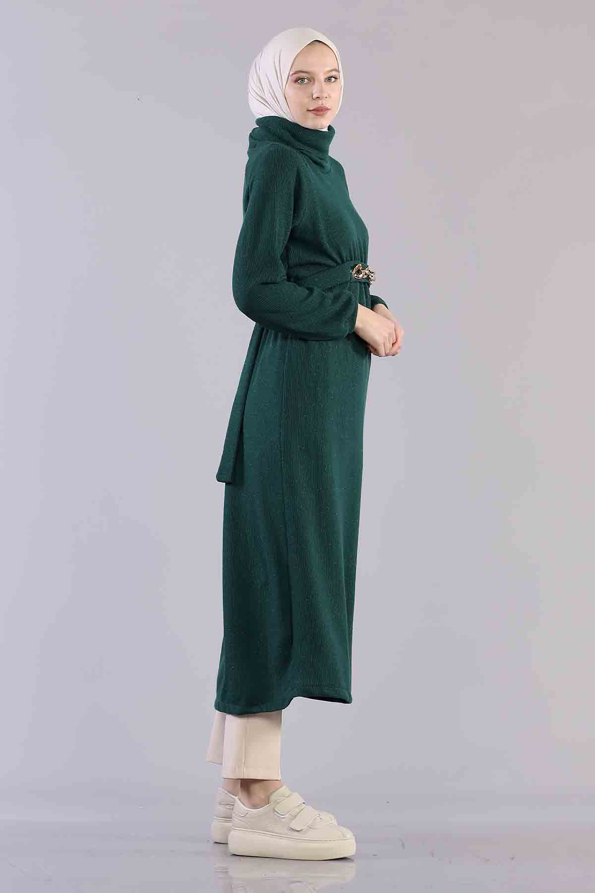 5374 Beli Zincir Elbise 38-42 - Zumrut - 4