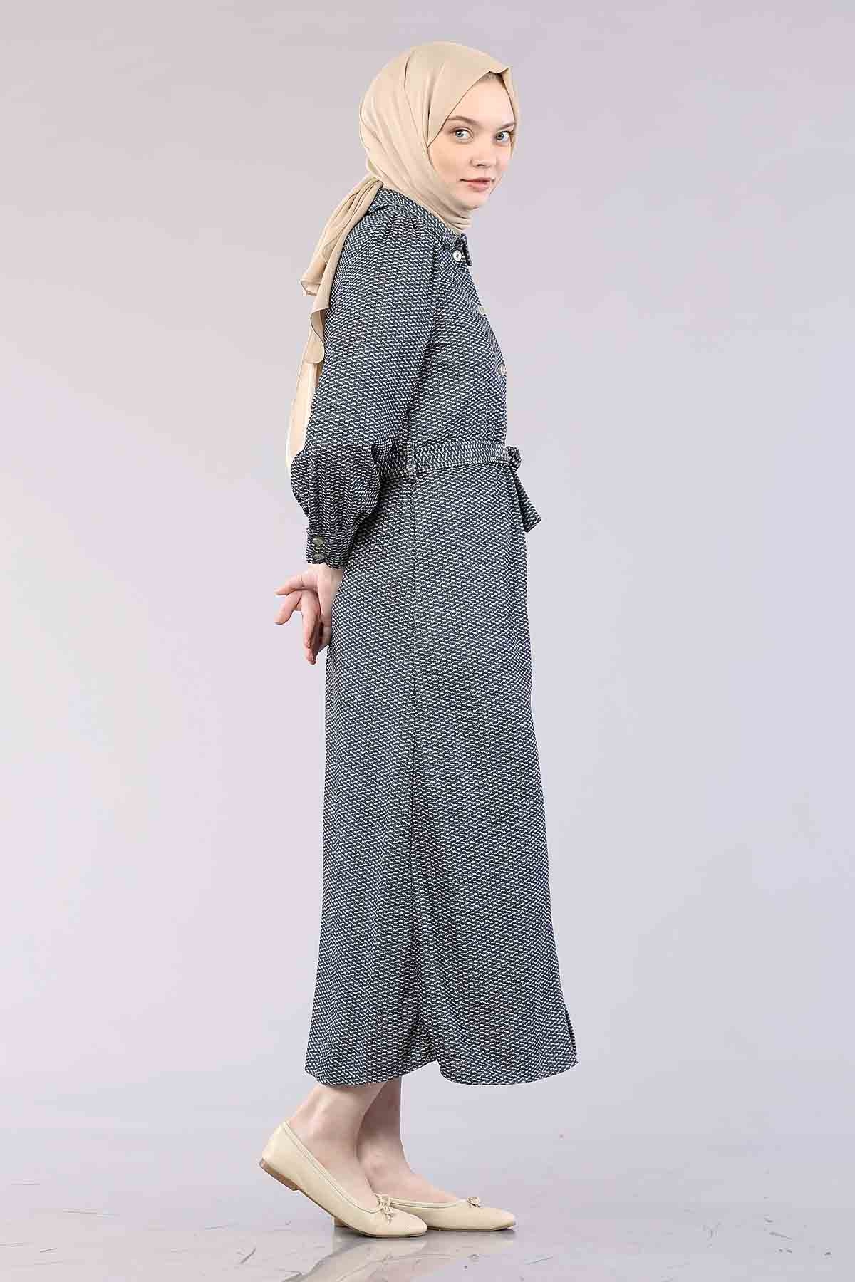 5502 K.çizgi Elbise 38-46 - Petrol - 4