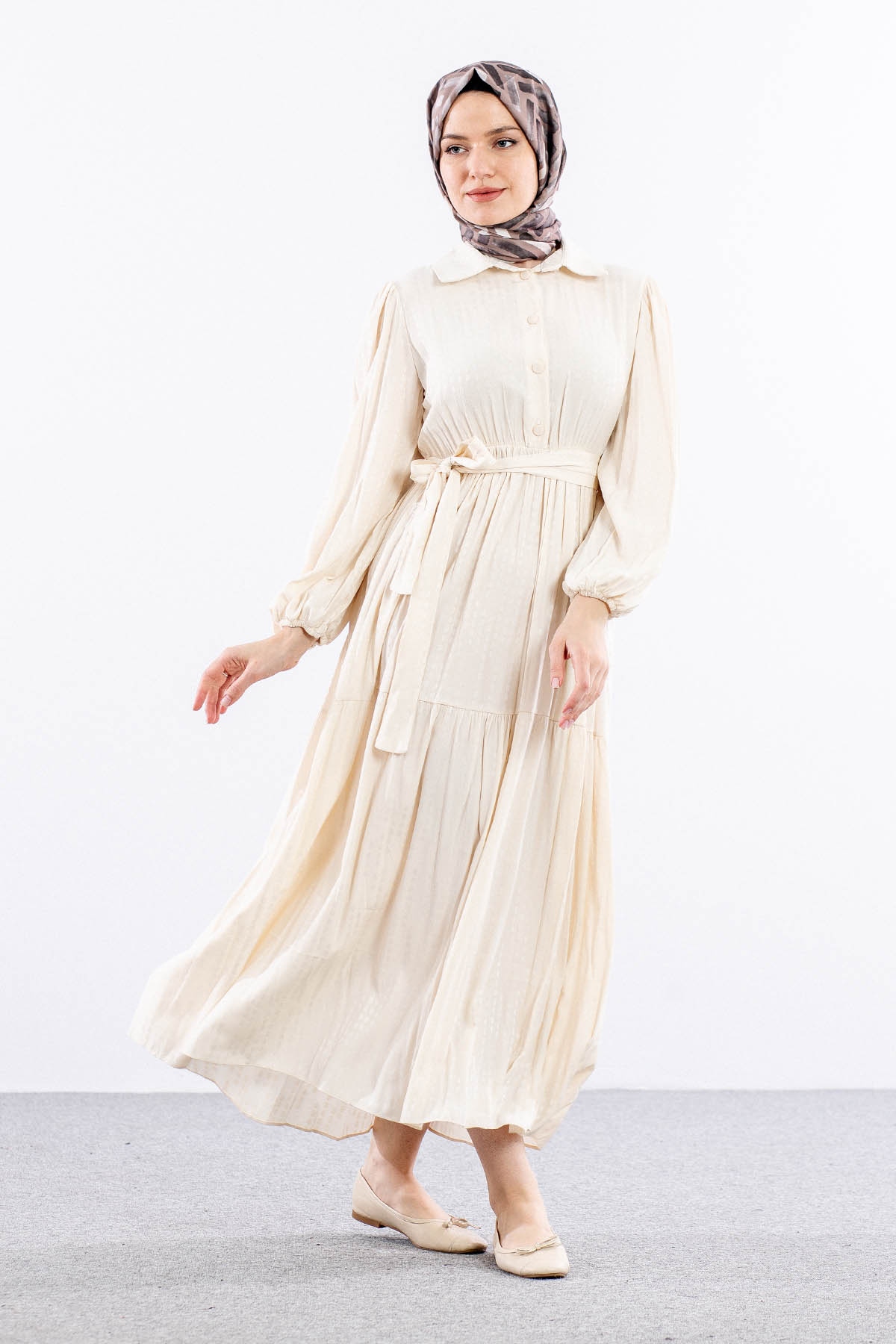 5616 Saten Elbise 38-44 Brit - Krem - 1