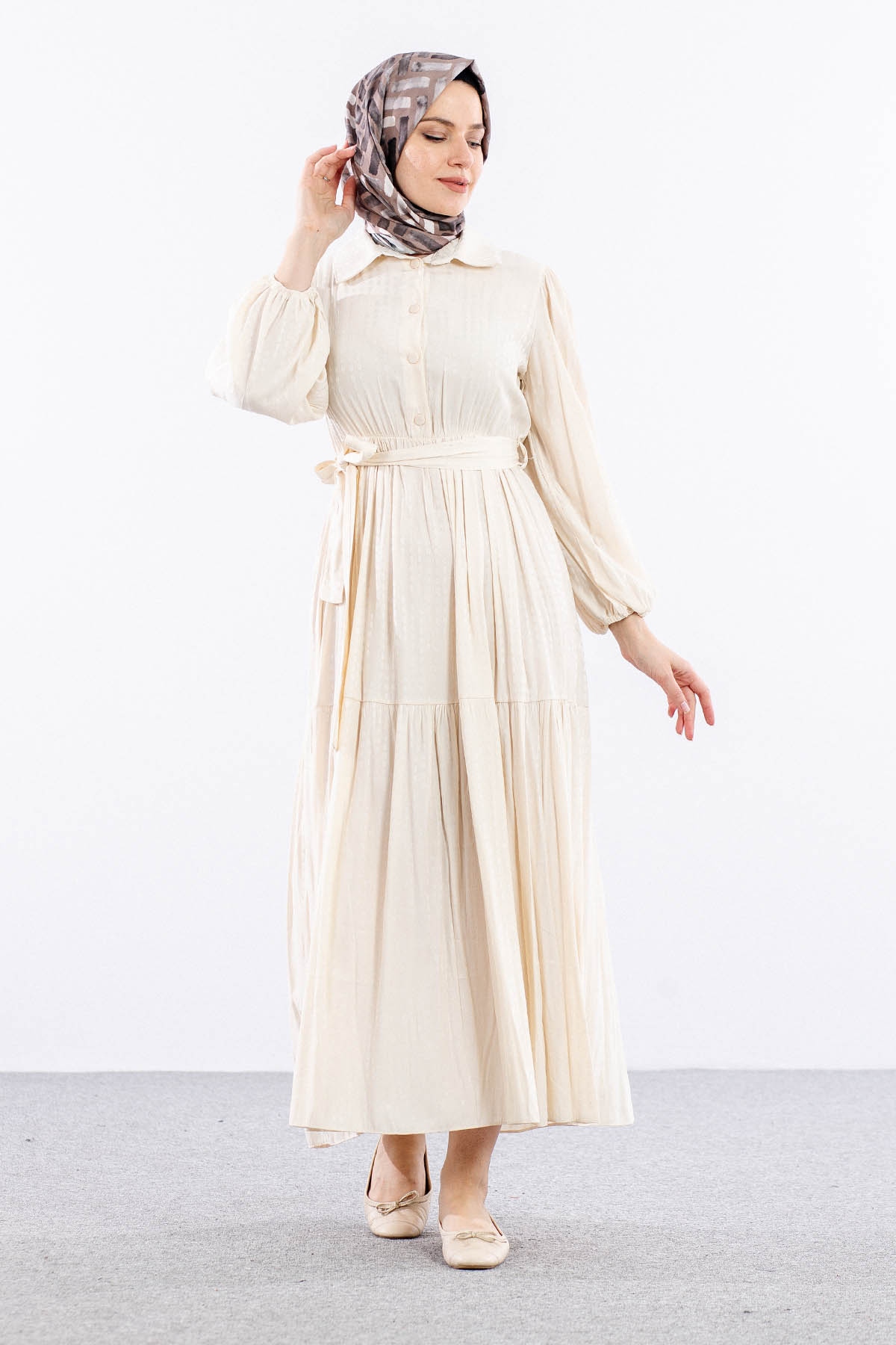 5616 Saten Elbise 38-44 Brit - Krem - 3