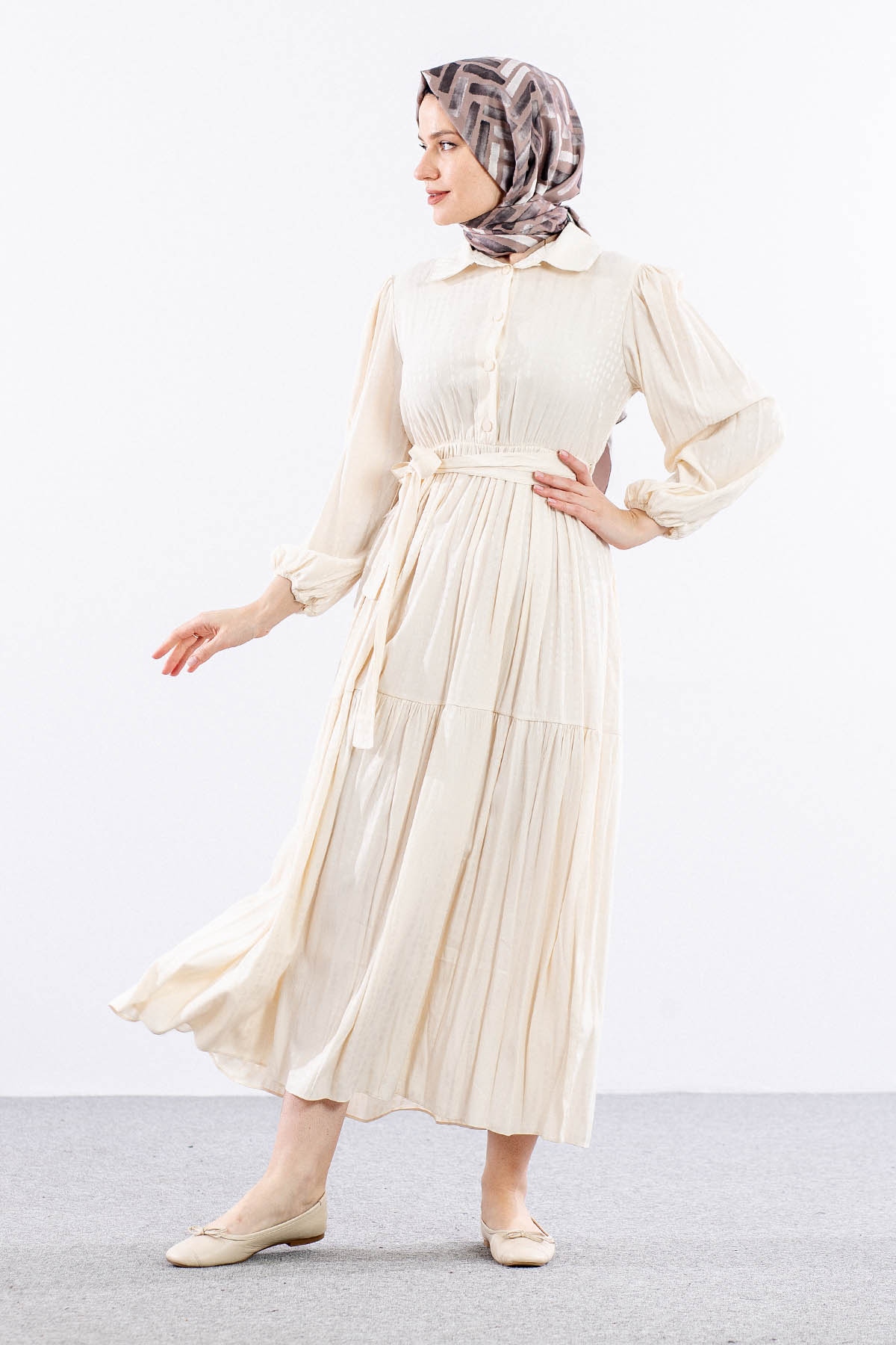 5616 Saten Elbise 38-44 Brit - Krem - 4