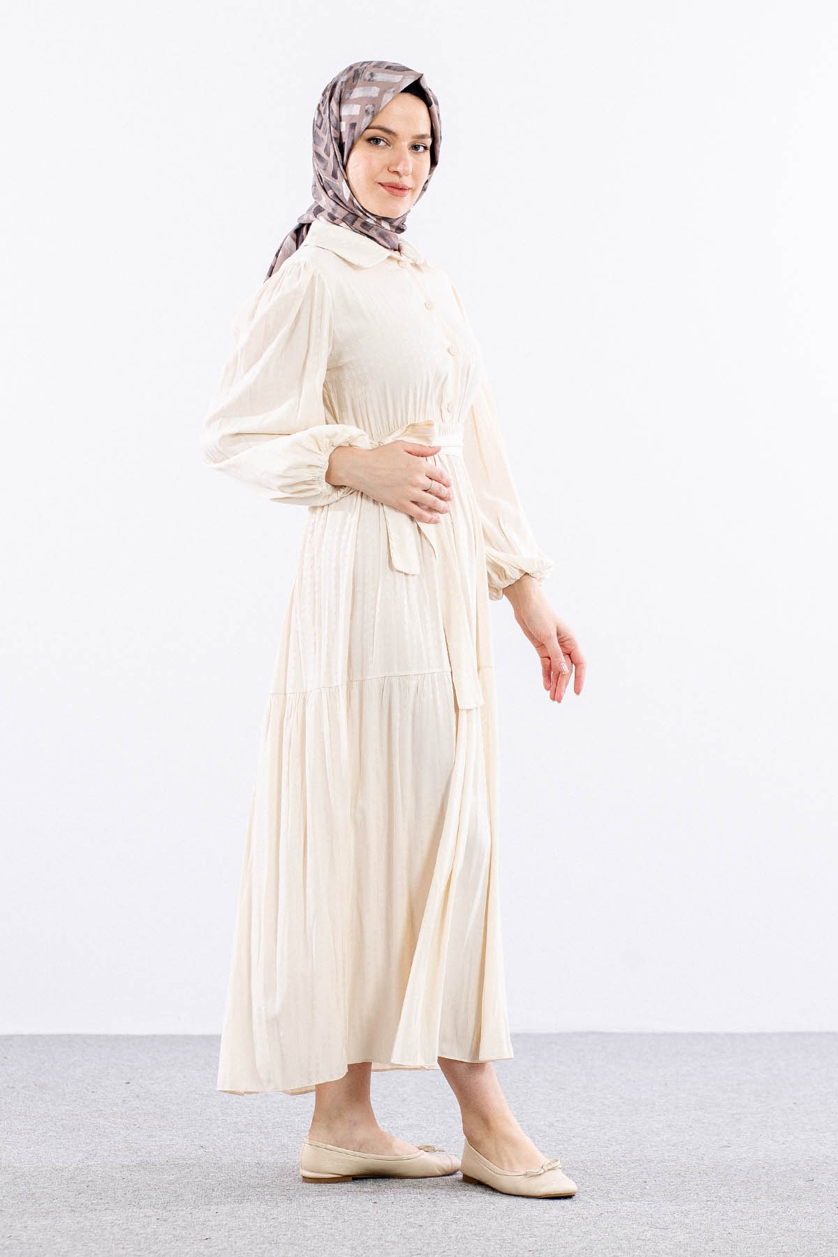 5616 Saten Elbise 38-44 Brit - Krem - 5