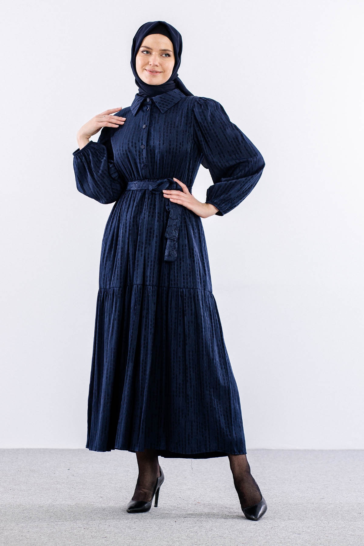 5616 Saten Elbise 38-44 Brit - Lacivert - 1