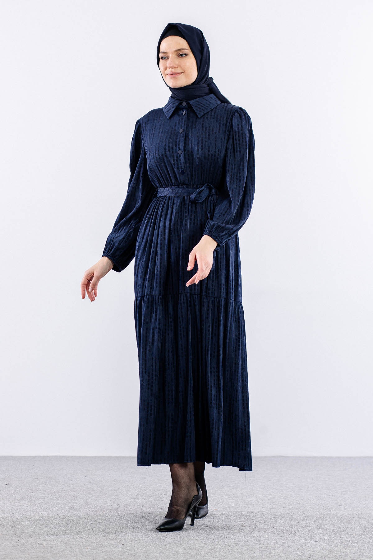 5616 Saten Elbise 38-44 Brit - Lacivert - 2