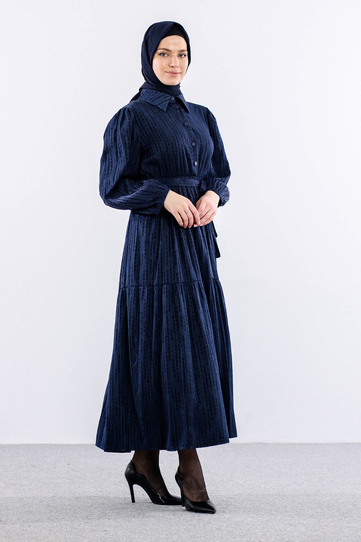 5616 Saten Elbise 38-44 Brit - Lacivert - 3