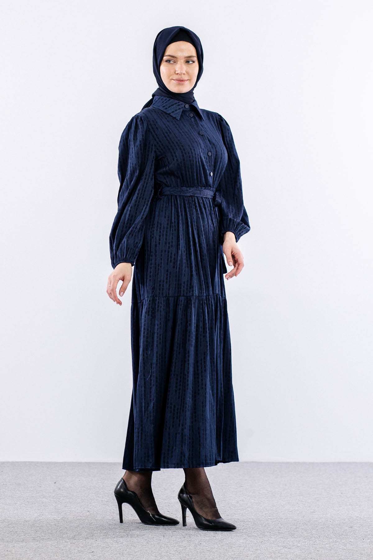 5616 Saten Elbise 38-44 Brit - Lacivert - 4