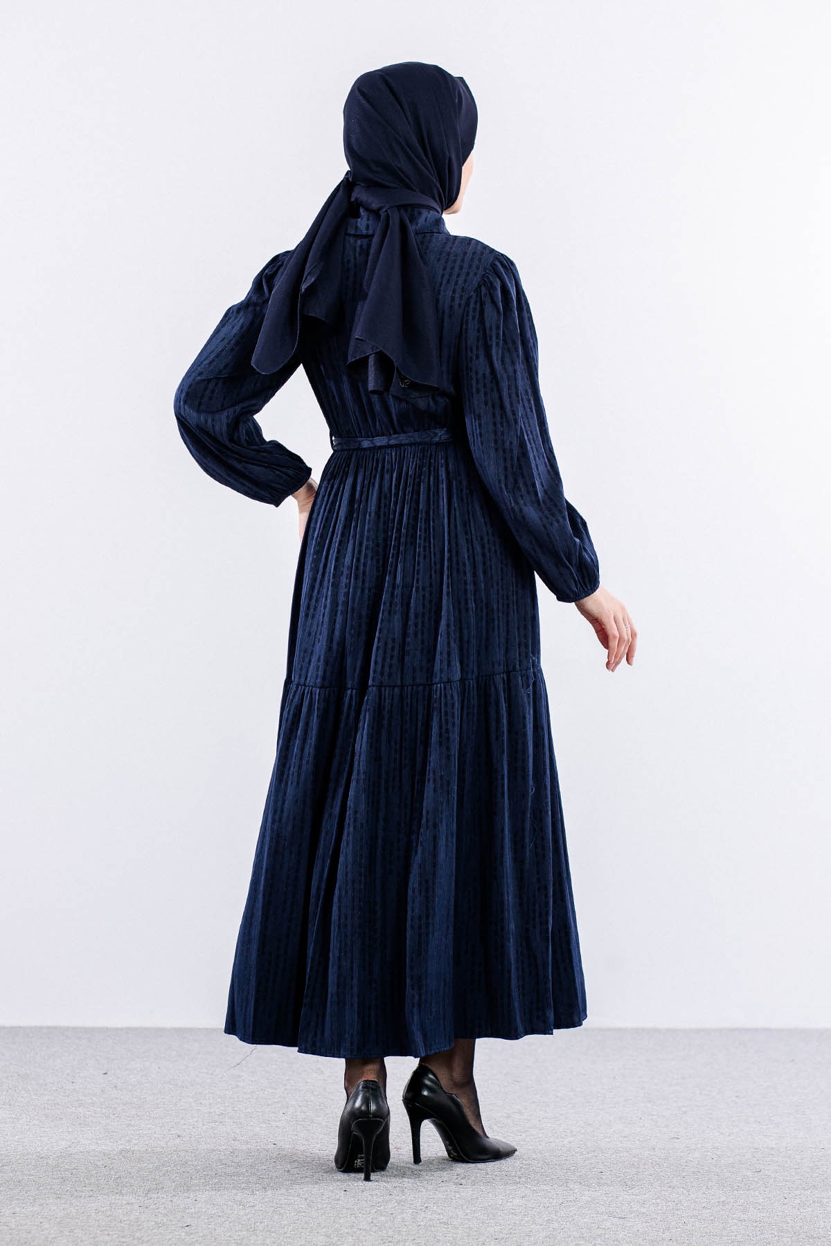 5616 Saten Elbise 38-44 Brit - Lacivert - 5