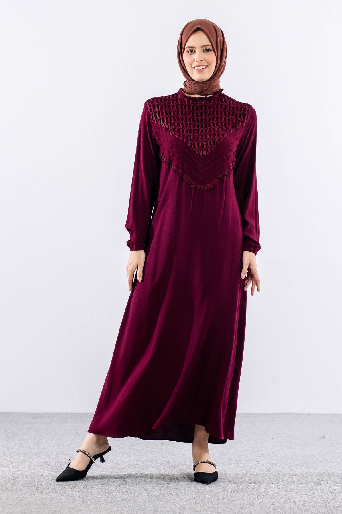 562 Elbise 1-2-3 Fıle Garnı & Nervur Detay Vıscon - Bordo - 1