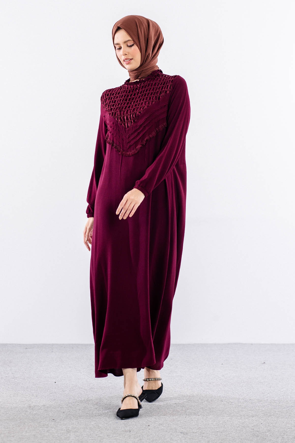 562 Elbise 1-2-3 Fıle Garnı & Nervur Detay Vıscon - Bordo - 2
