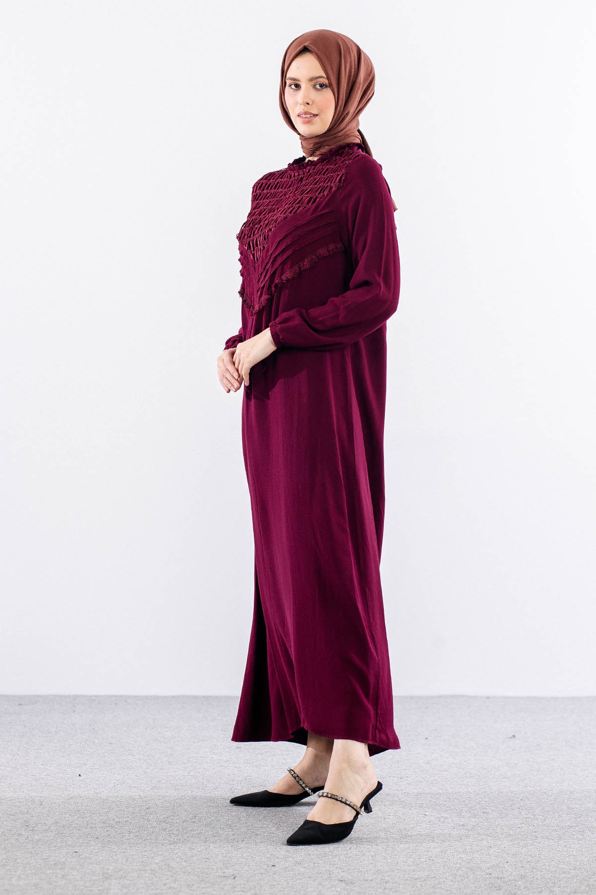 562 Elbise 1-2-3 Fıle Garnı & Nervur Detay Vıscon - Bordo - 3